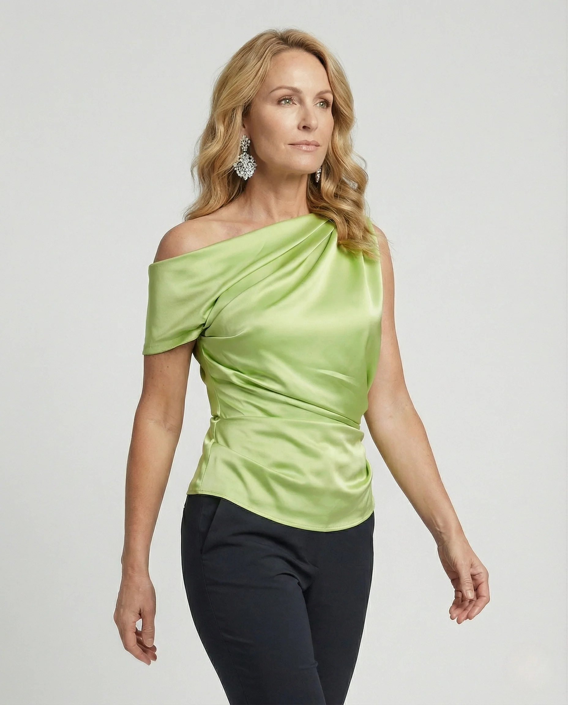 Ein Schulter Satin Top Damen Drapiert
