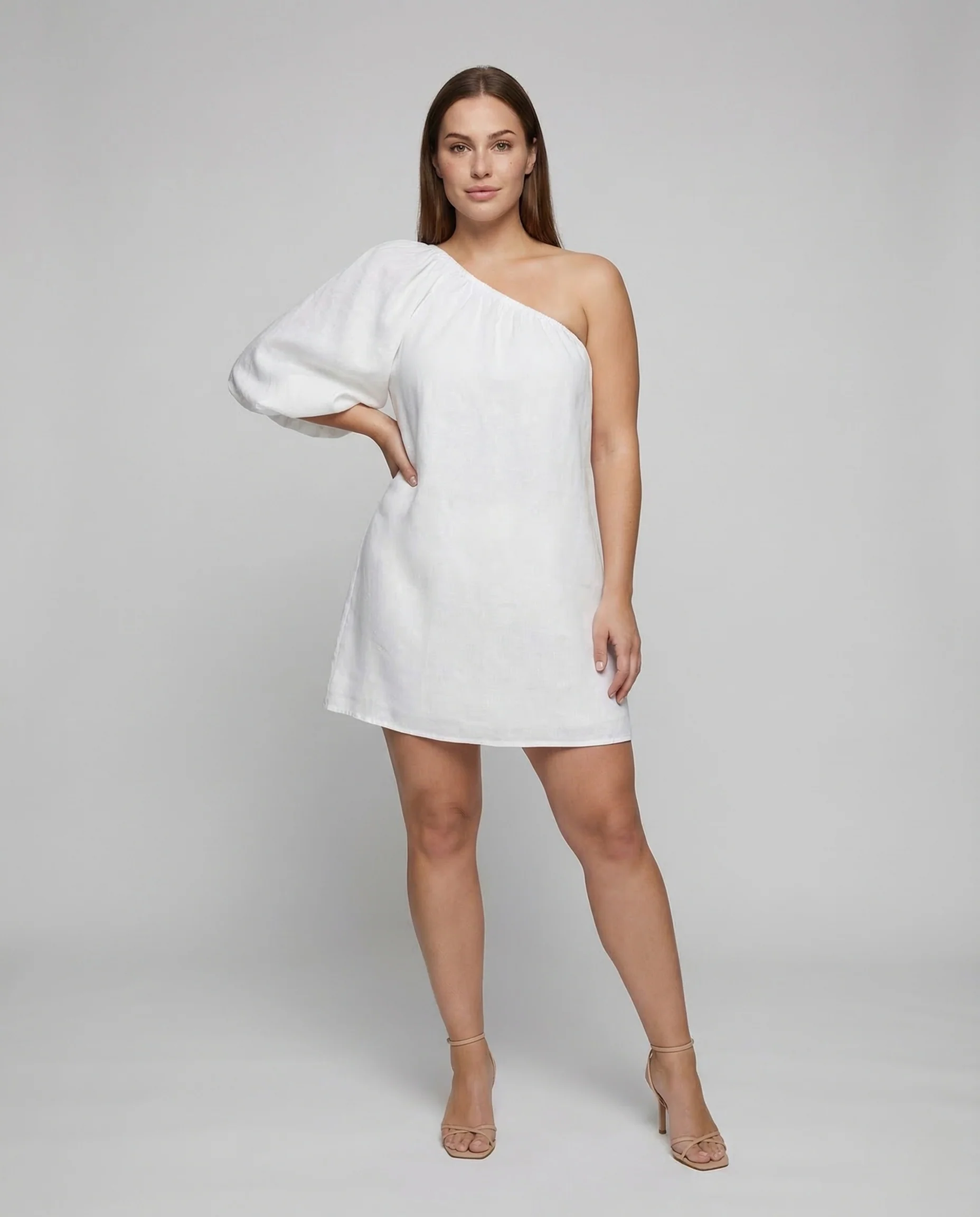Damen Minikleid Asymmetrisch Schulterfrei Ballonärmel