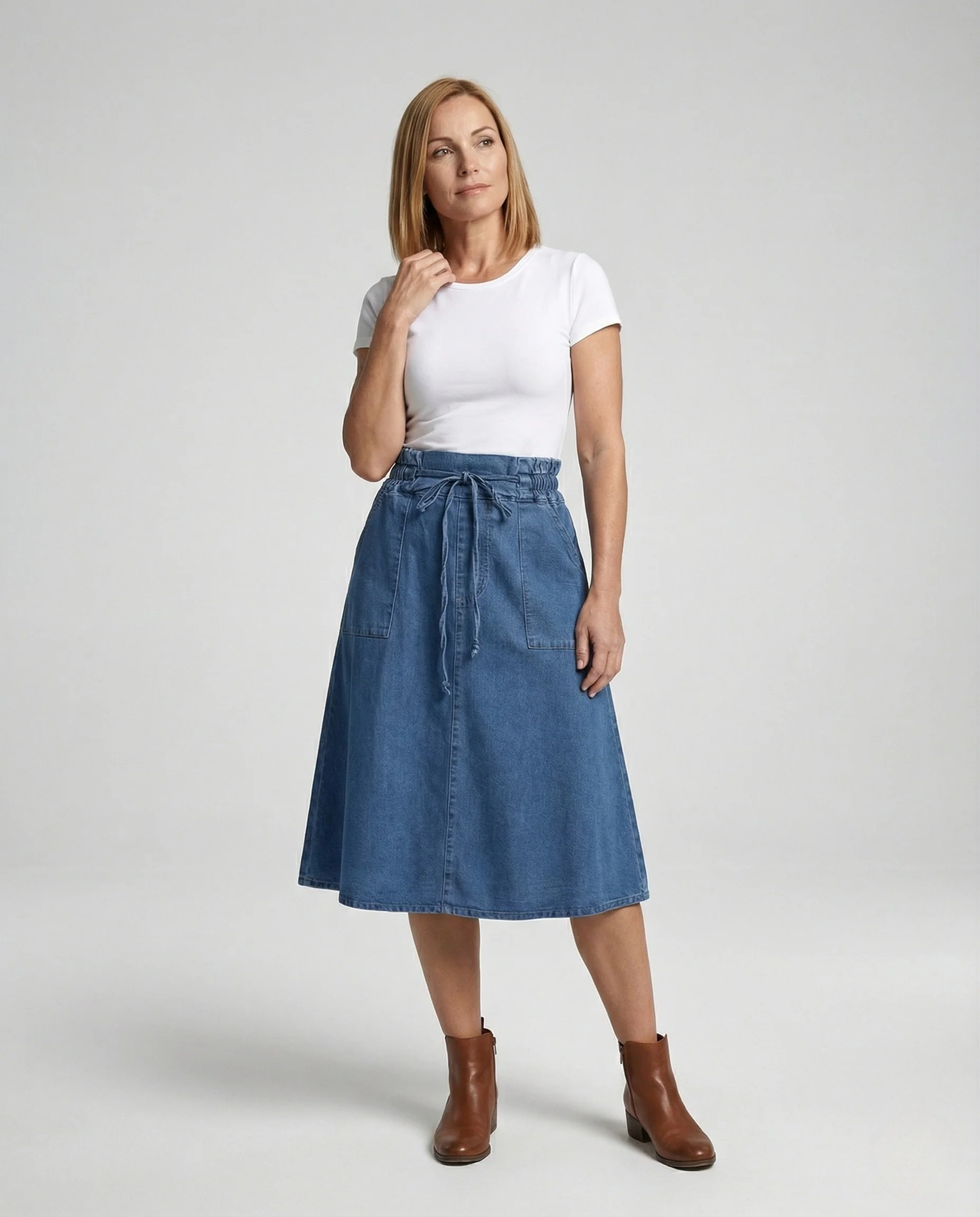 Midirock Damen Jeans Tunnelzug