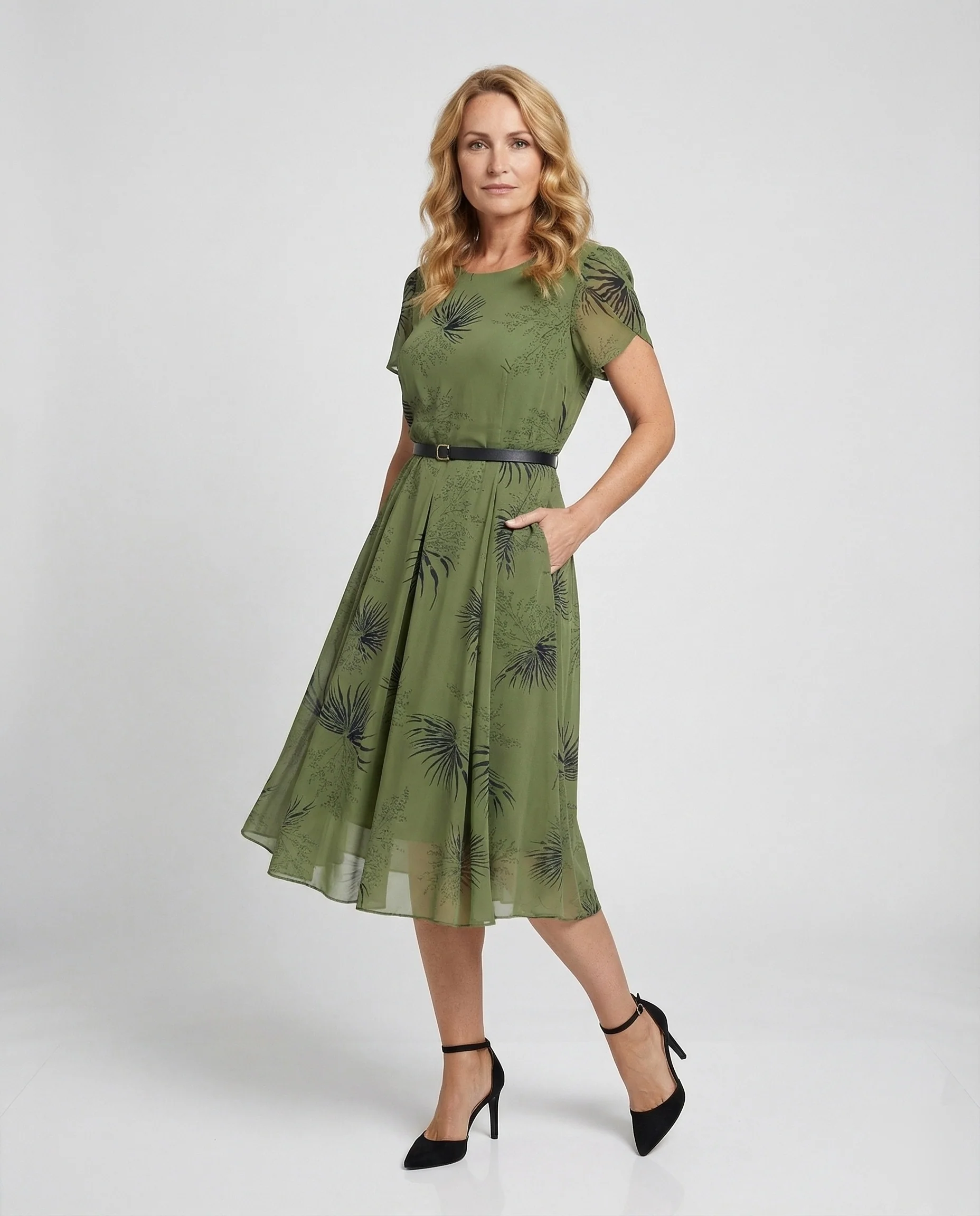 Damen Chiffon-Midikleid mit Taillengürtel und Palmenmuster