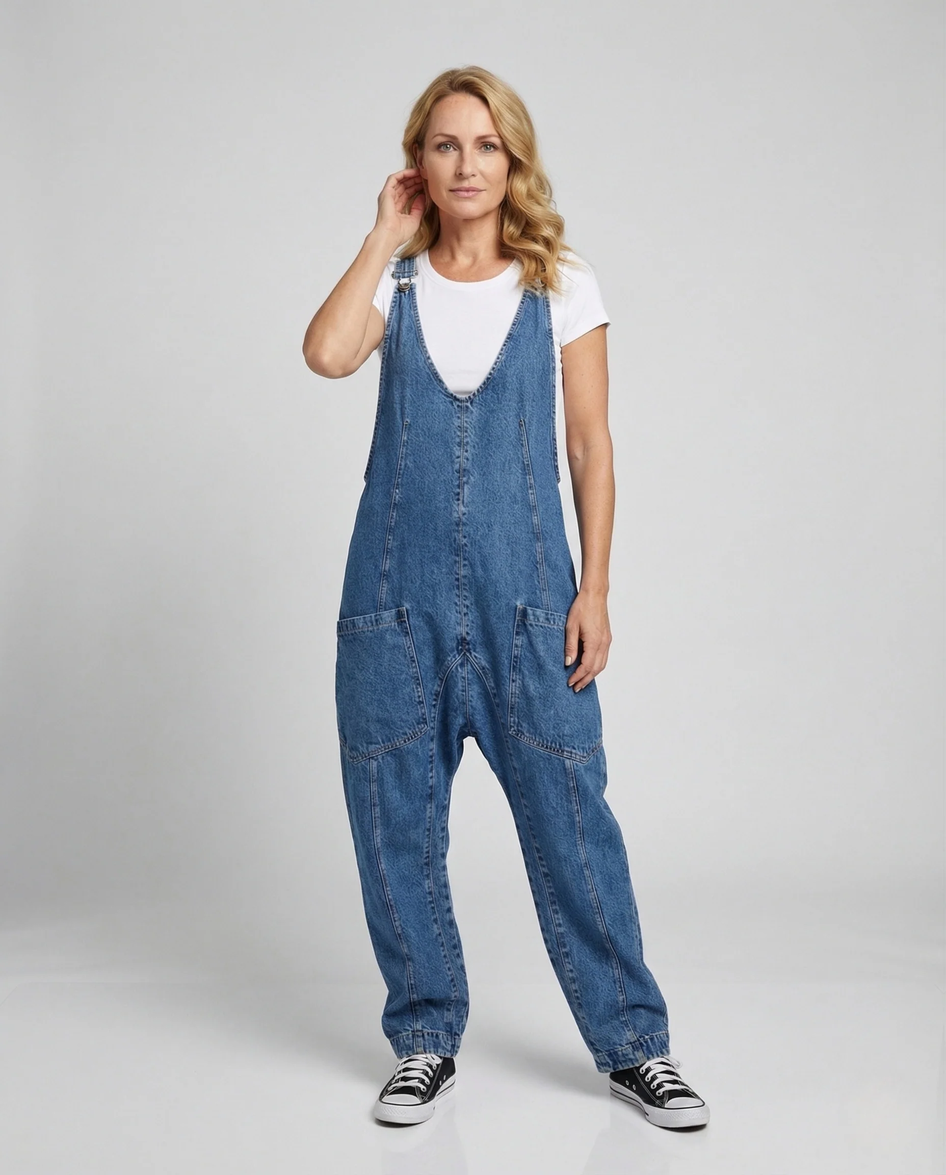 Damen Worker Overall aus Baumwollcanvas mit V-Ausschnitt & Taschen
