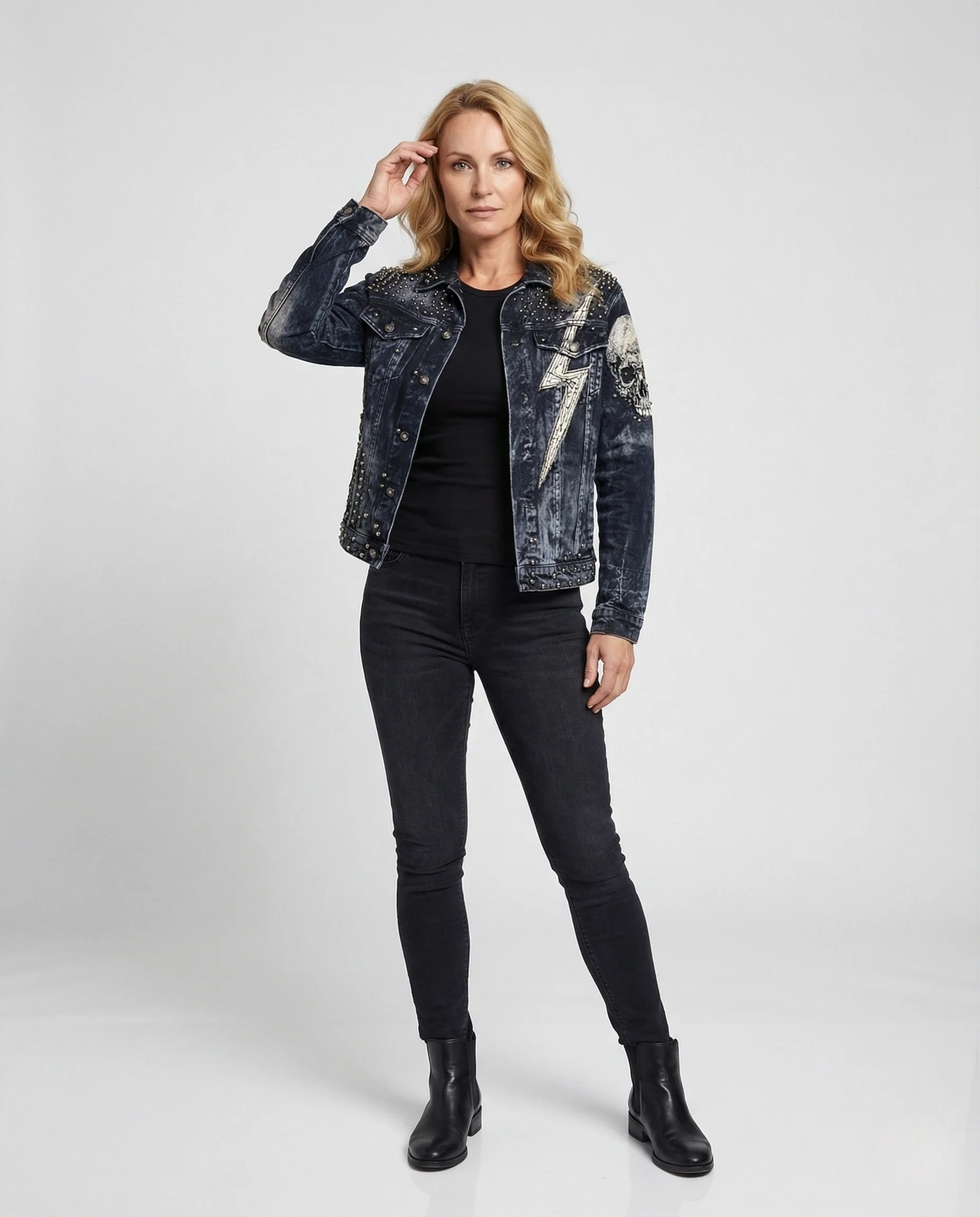 Damen Bestickte Jeansjacke Boho Stil mit 3D Blütenapplikationen und Nieten