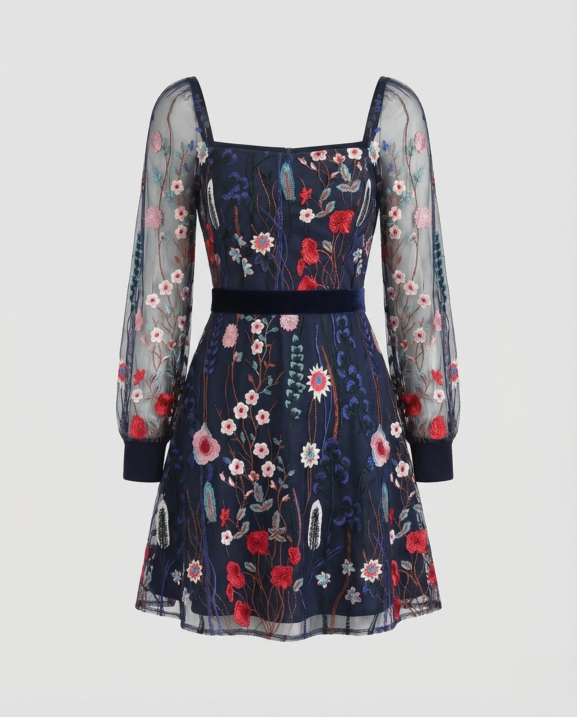 Damen Minikleid Stickerei Netzärmel Eckiger Ausschnitt - Image 5
