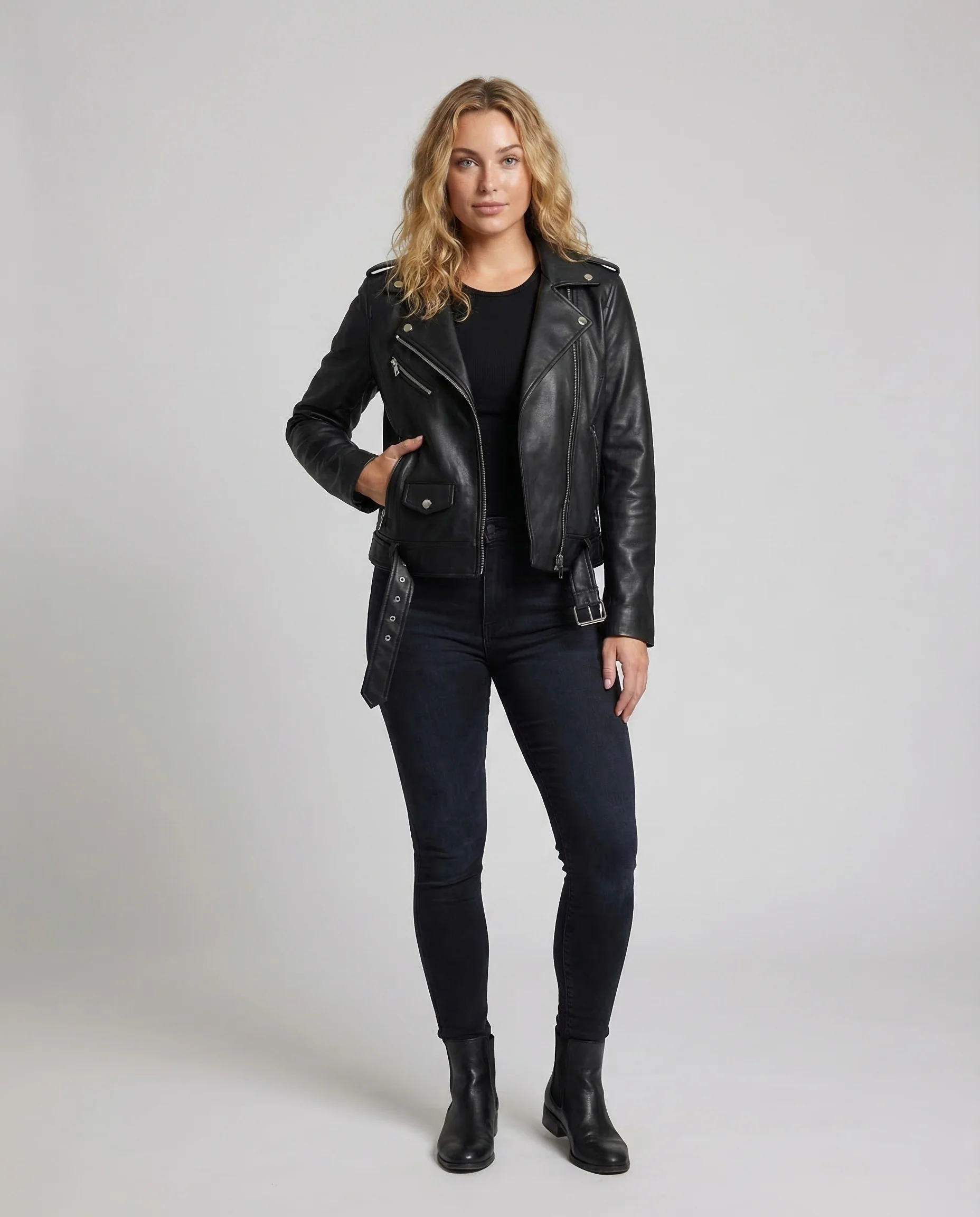 Damen Bikerjacke Kunstleder Gürtel
