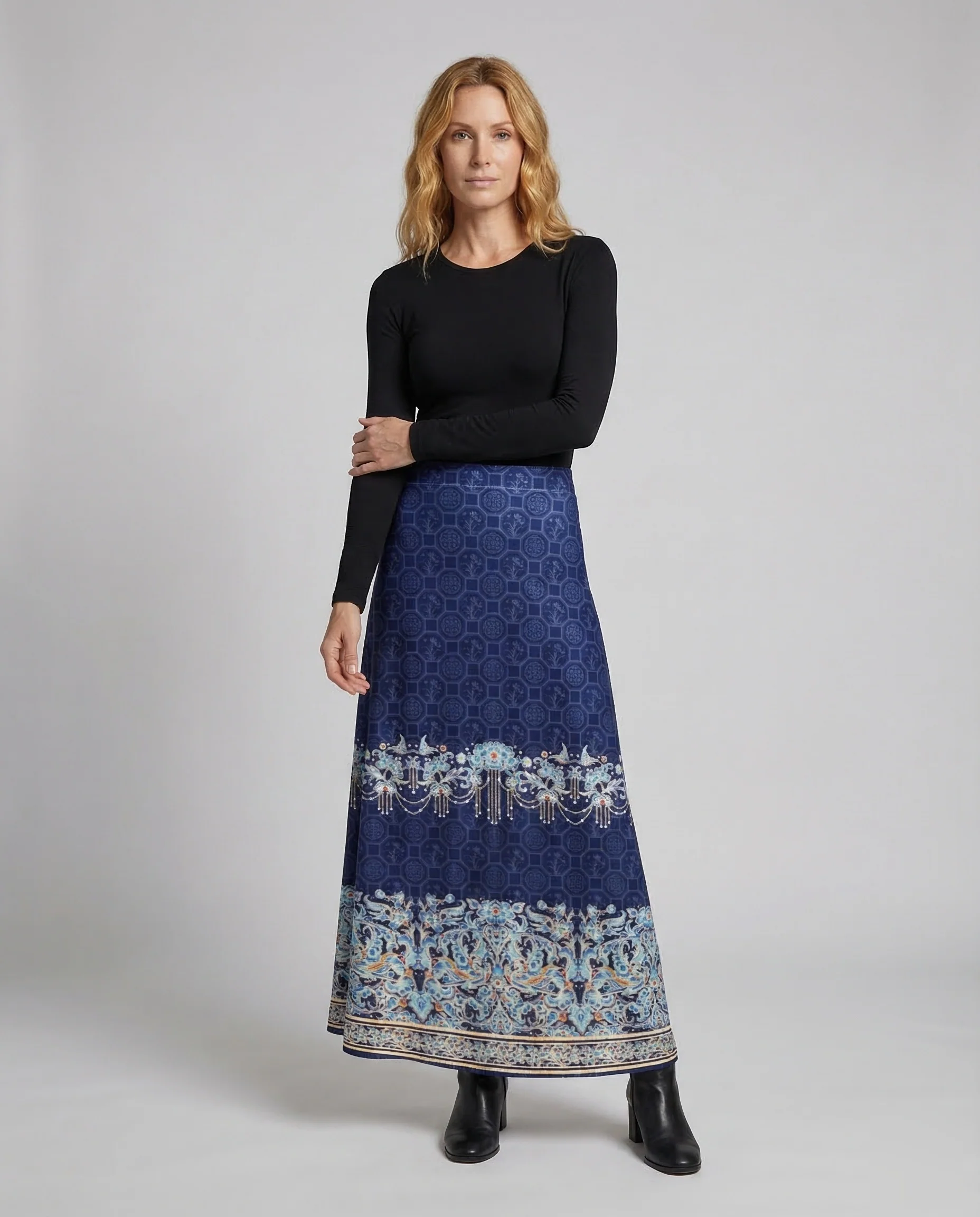 Damen Maxirock Print Bordüre