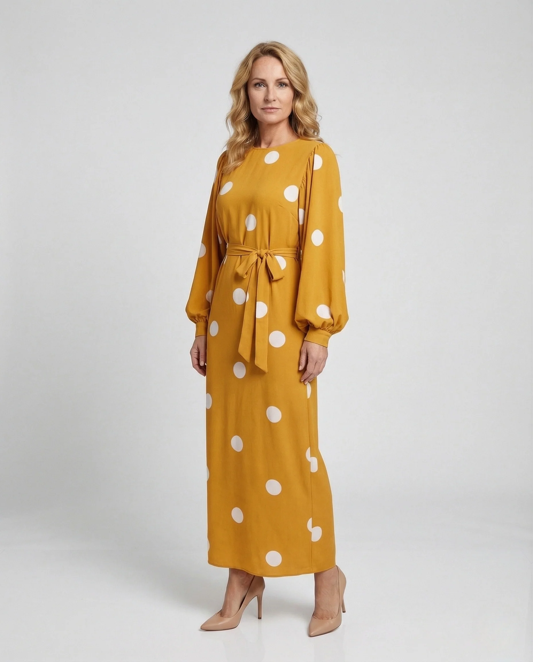 Damen Maxikleid Punkte mit Gürtel