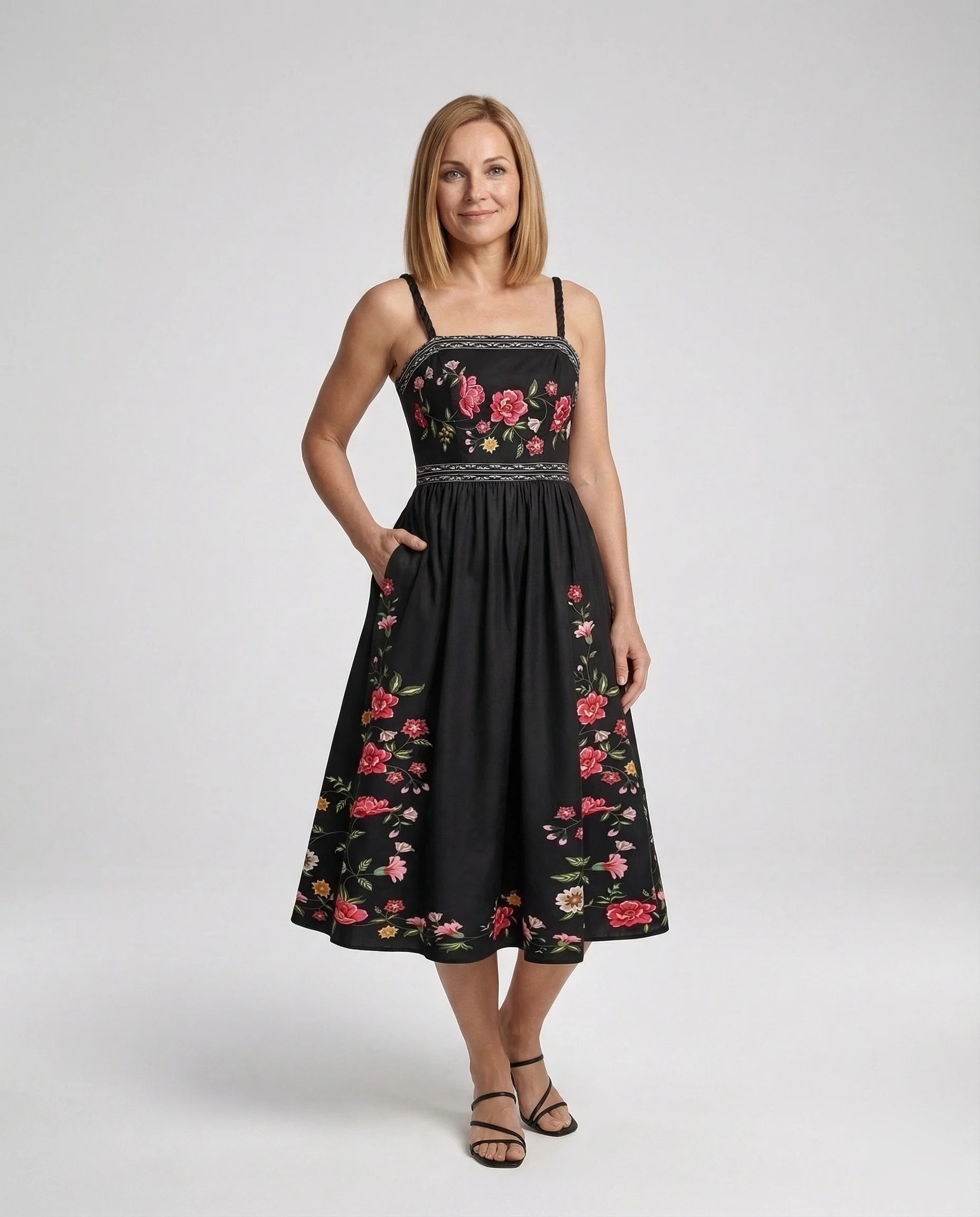 Retro Swingkleid Bodenlang Mit Stickerei Damen