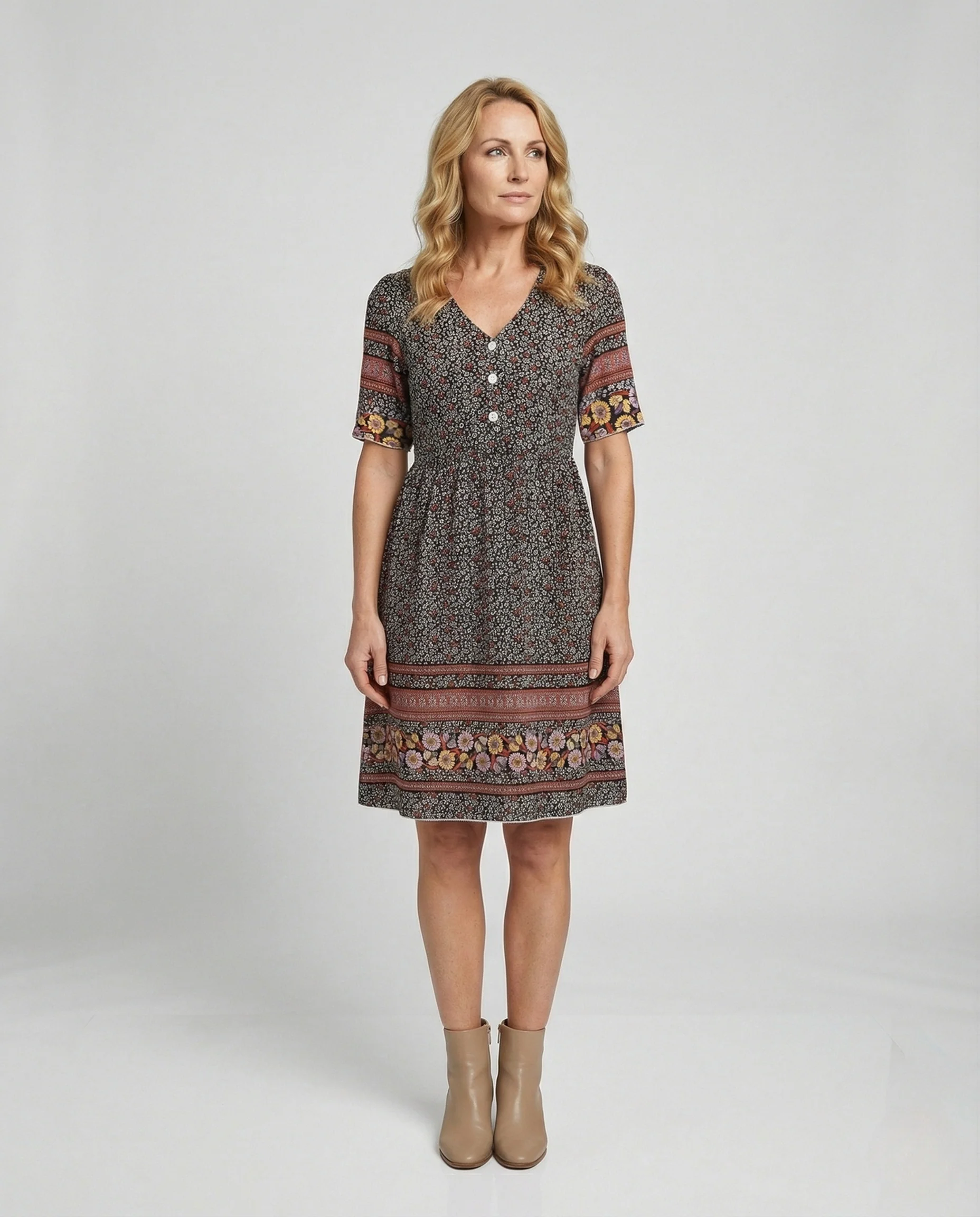 Boho A-Linienkleid Damen Mit Bordüre