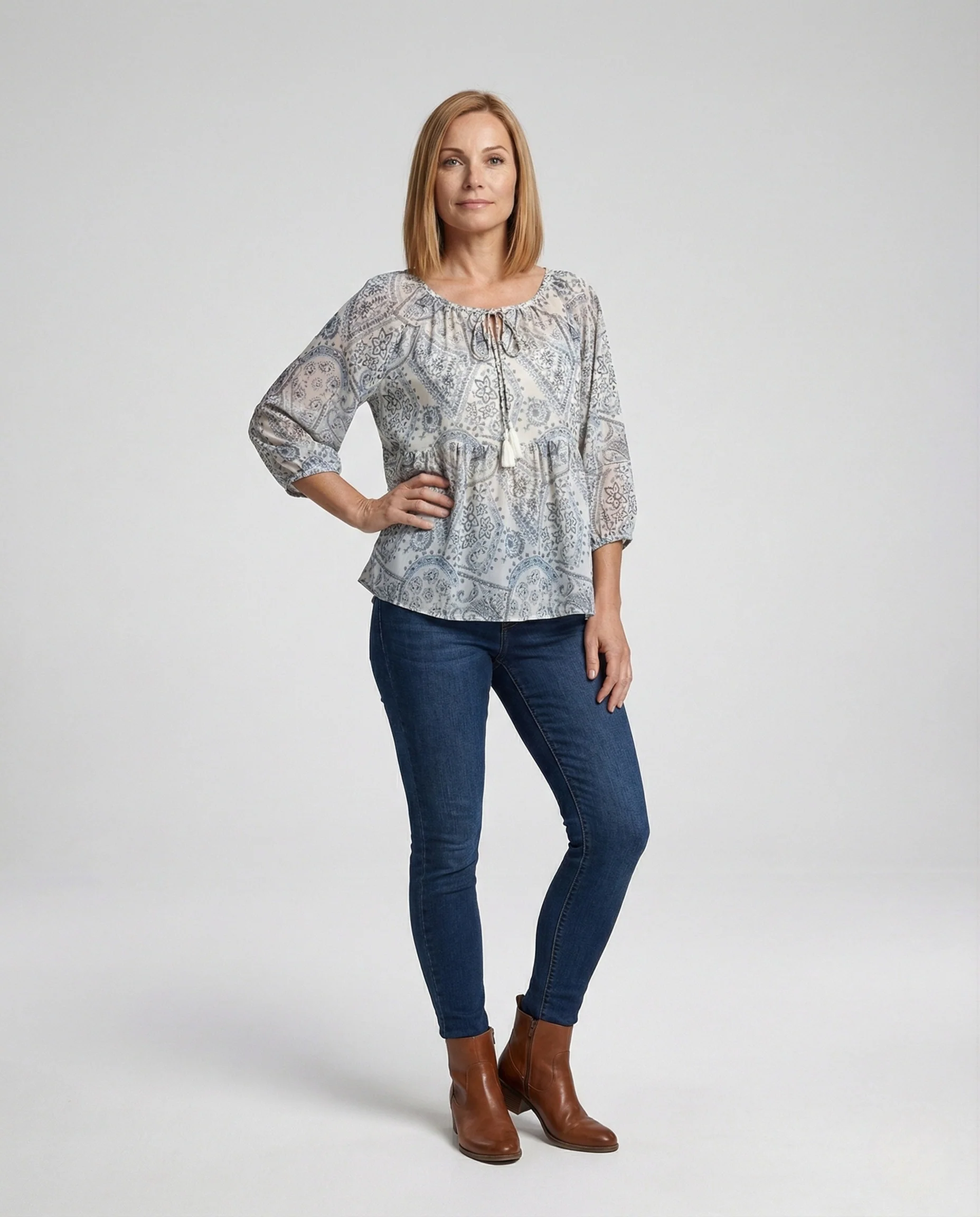 Damen Boho Paisley Tunika Bluse mit Quasten