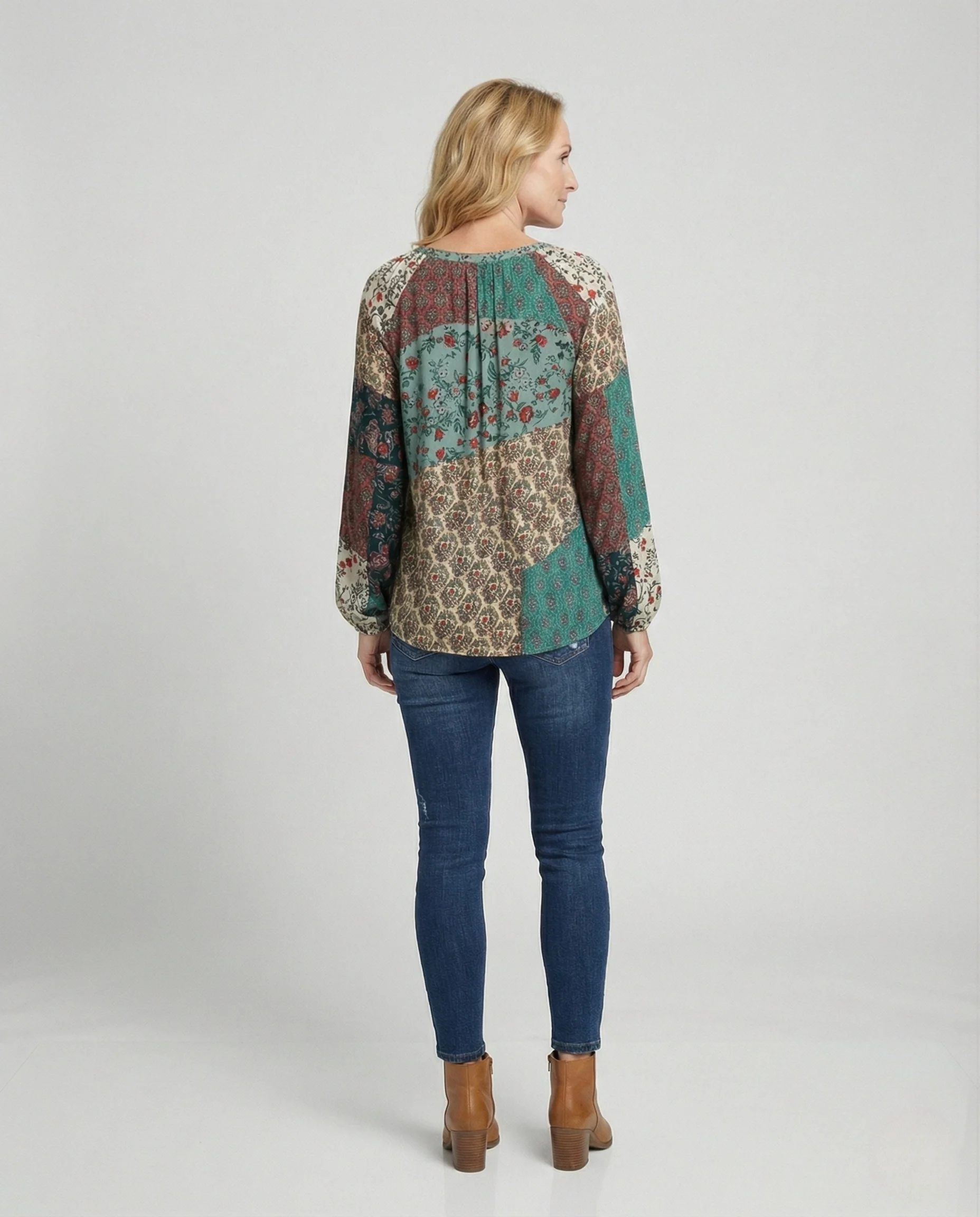 Boho Patchwork Bluse Damen Quasten V-Ausschnitt - Image 3