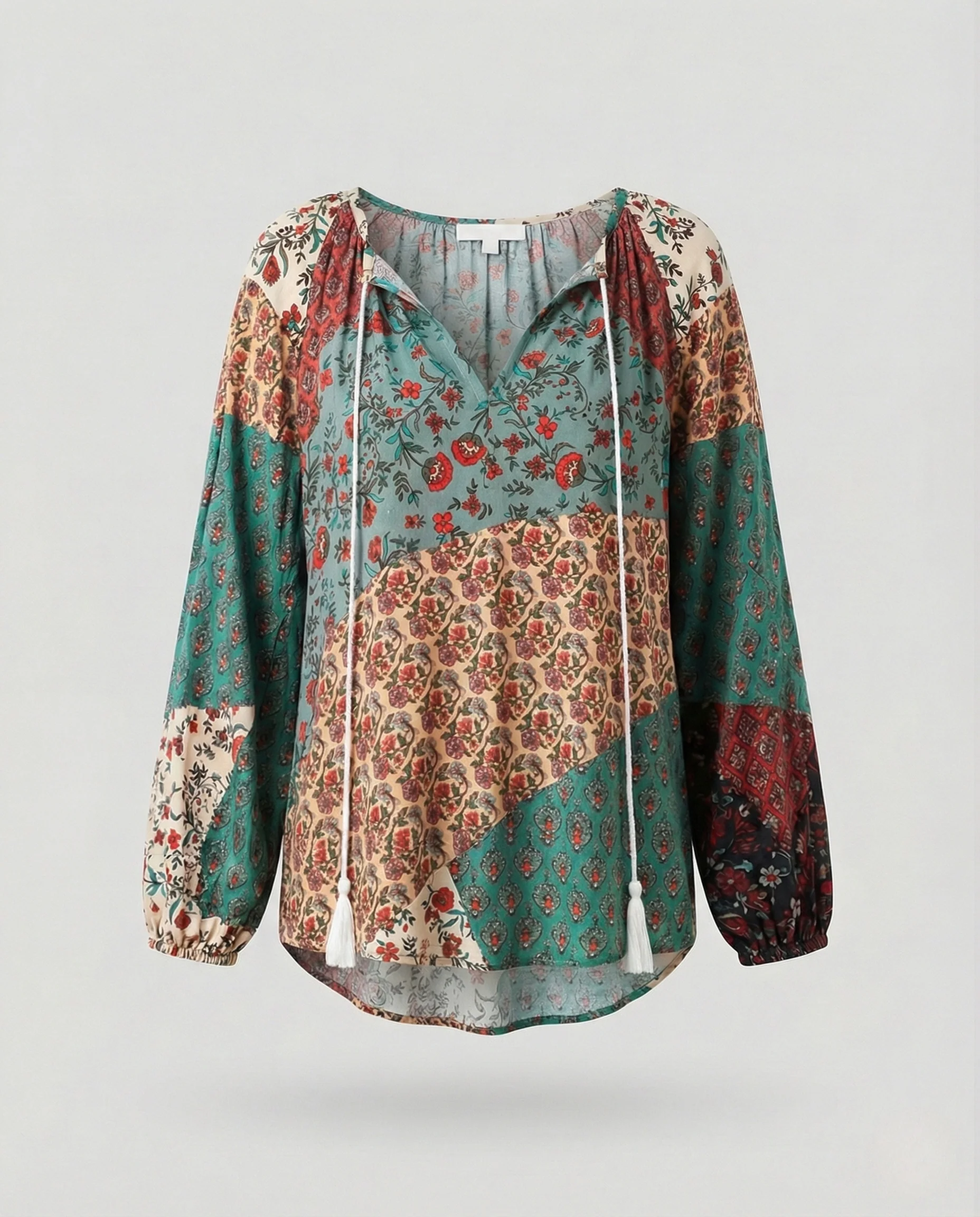 Boho Patchwork Bluse Damen Quasten V-Ausschnitt - Image 7