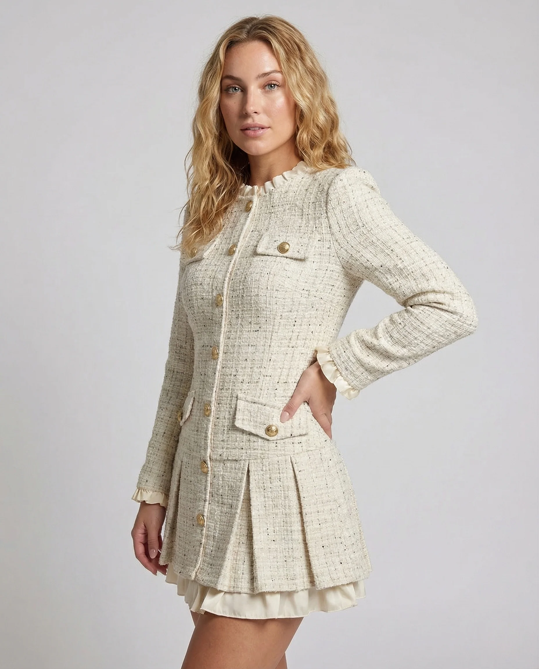 Damen Boucle Blazerkleid Knöpfe - Image 2