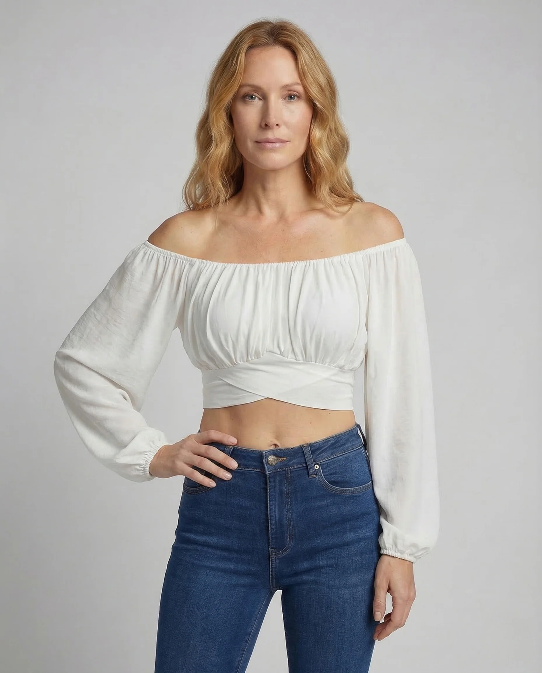 Damen Carmen Crop Top Puffärmel - Image 2