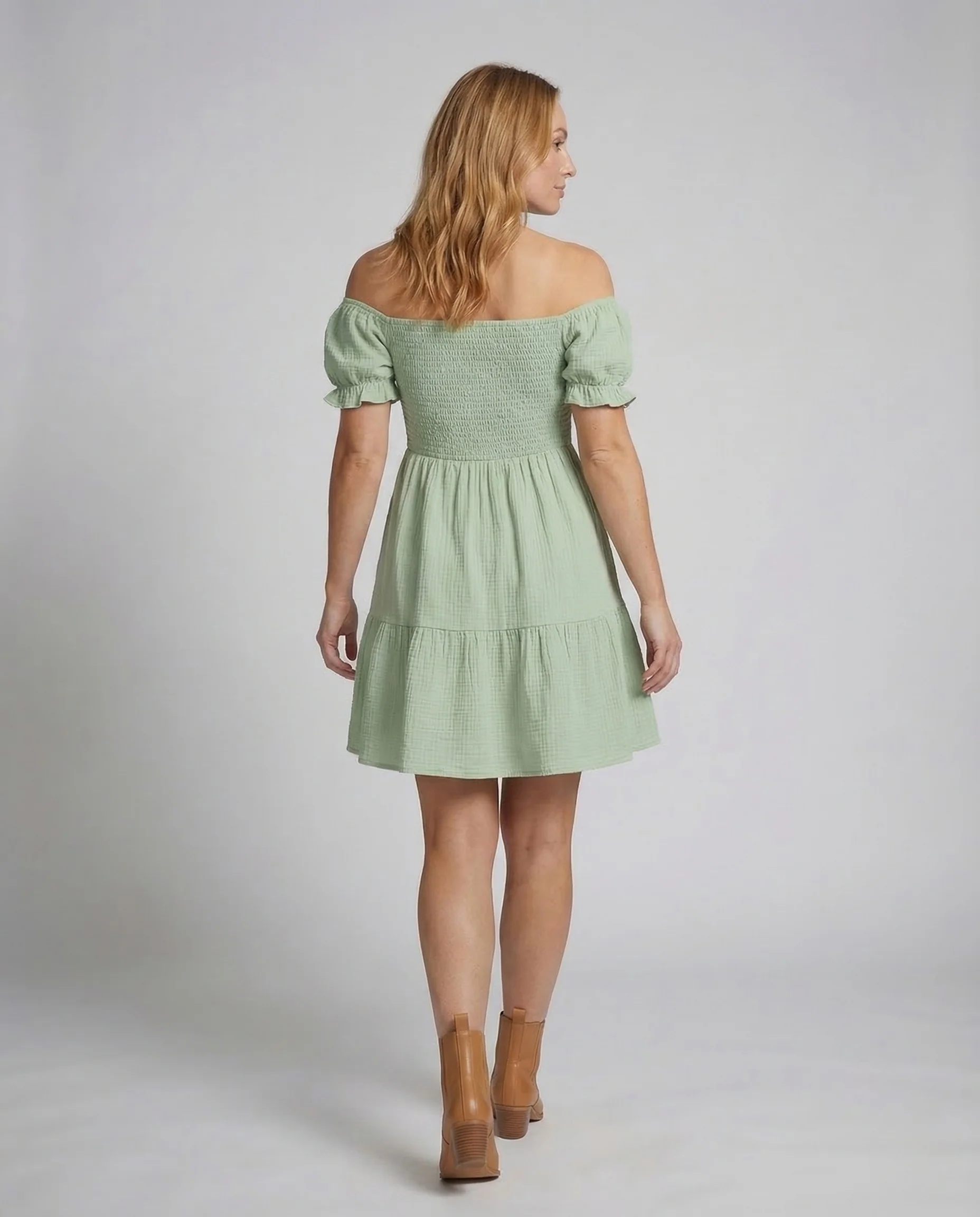 Damen Carmen Tunika Kleid Puffärmel Stufenrock - Image 4