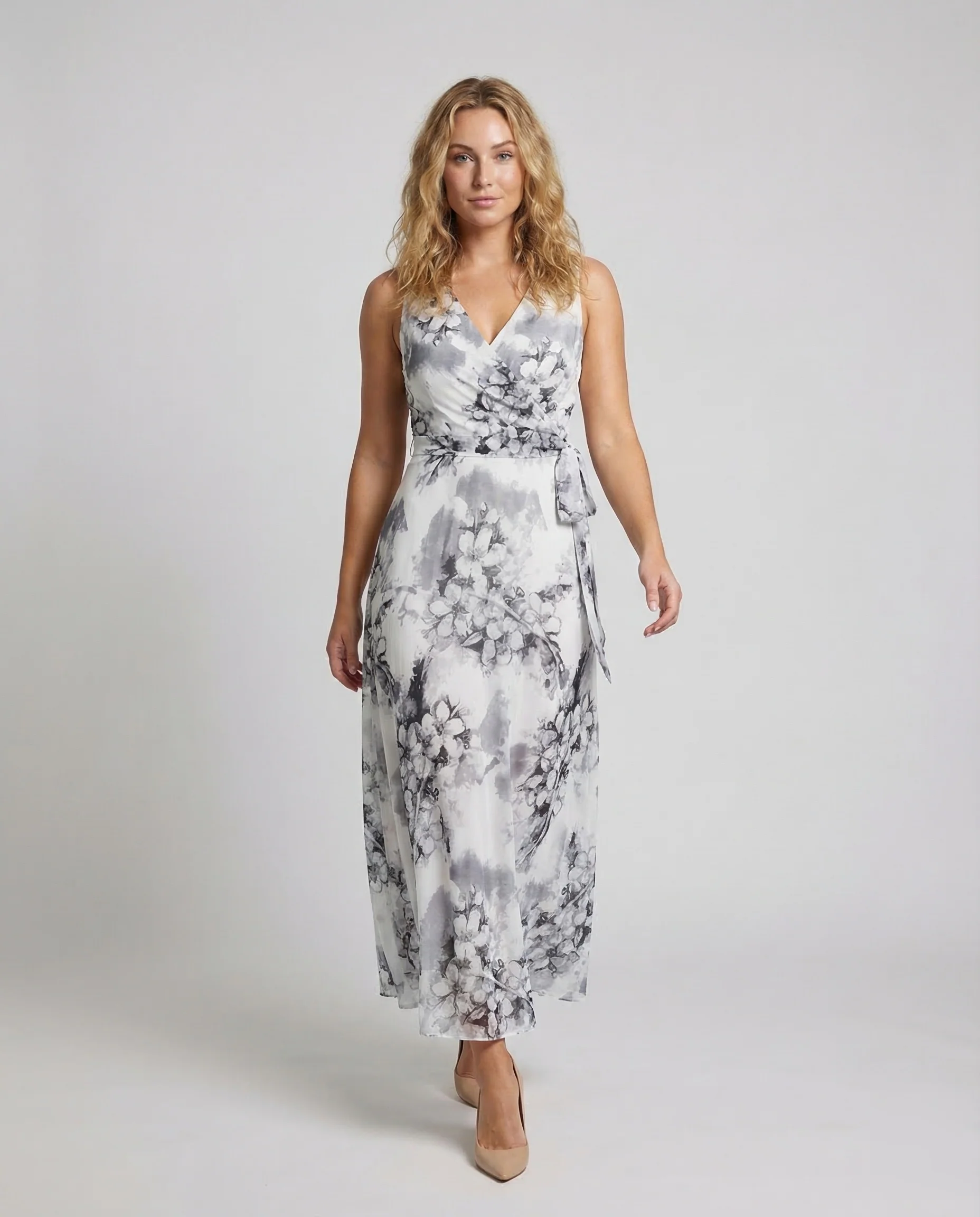 Damen Chiffon Maxikleid Wickeloptik