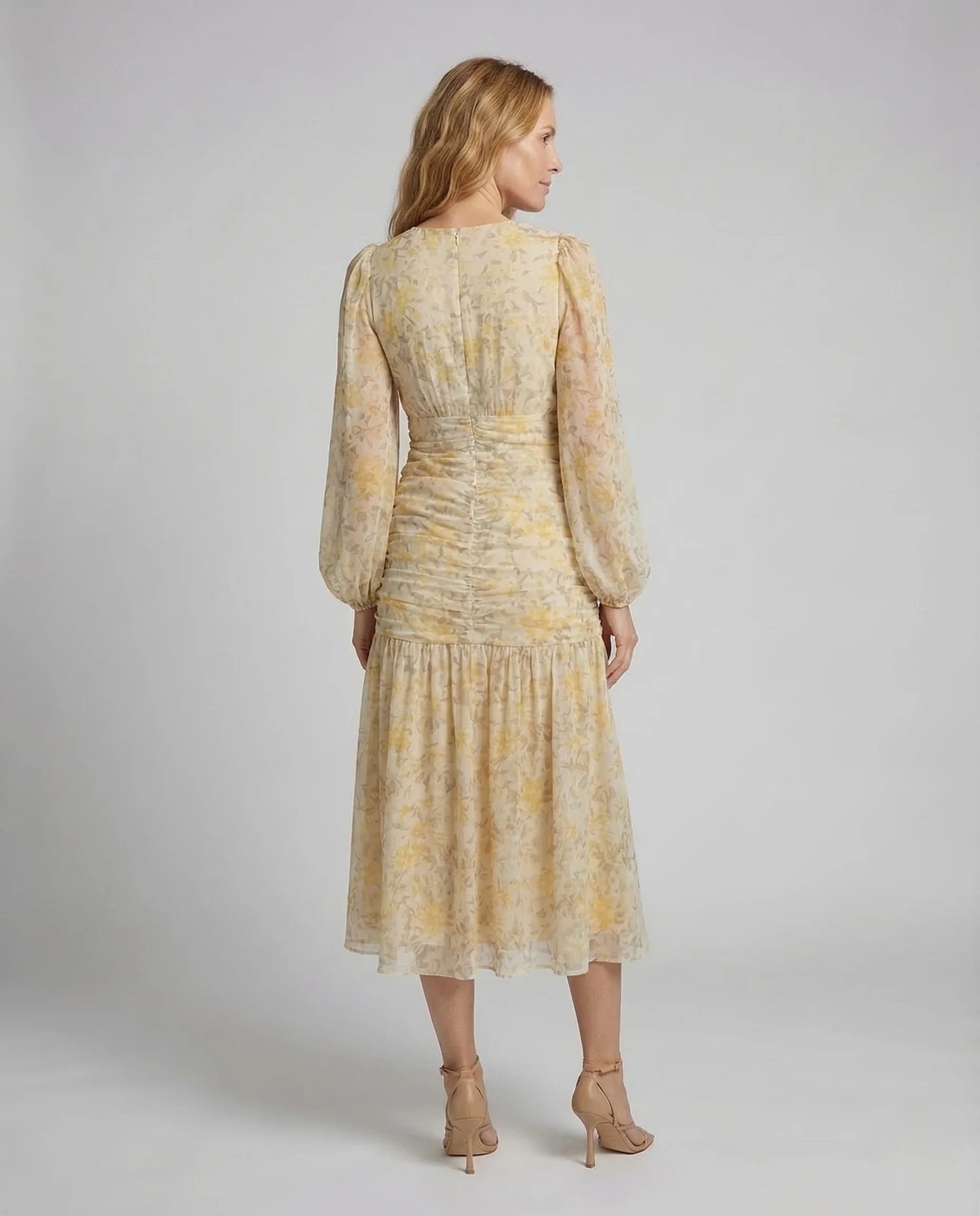 Damen Chiffon Midikleid Raffung Volant - Image 4