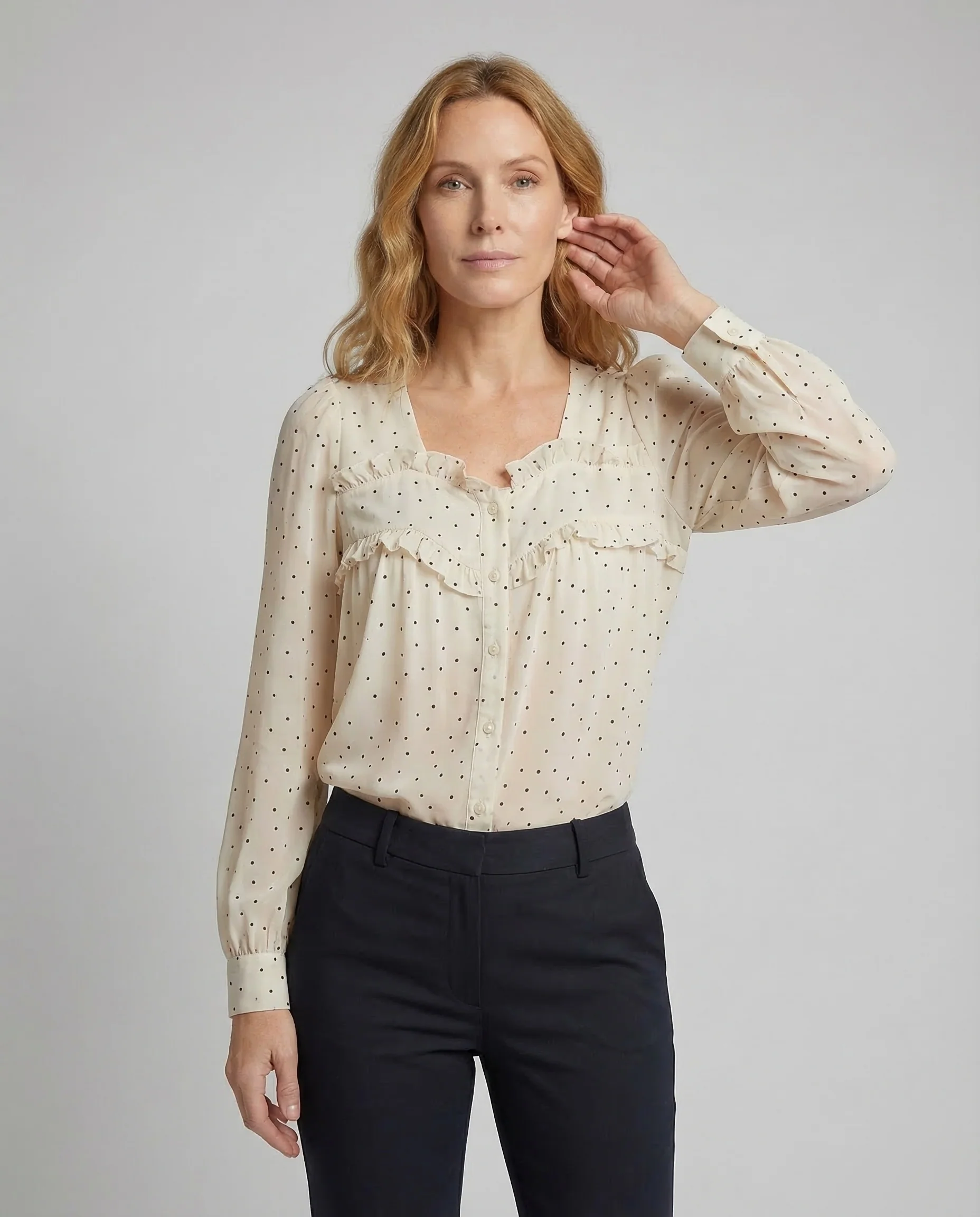 Damen Chiffonbluse Rüschenkragen Tupfen - Image 2