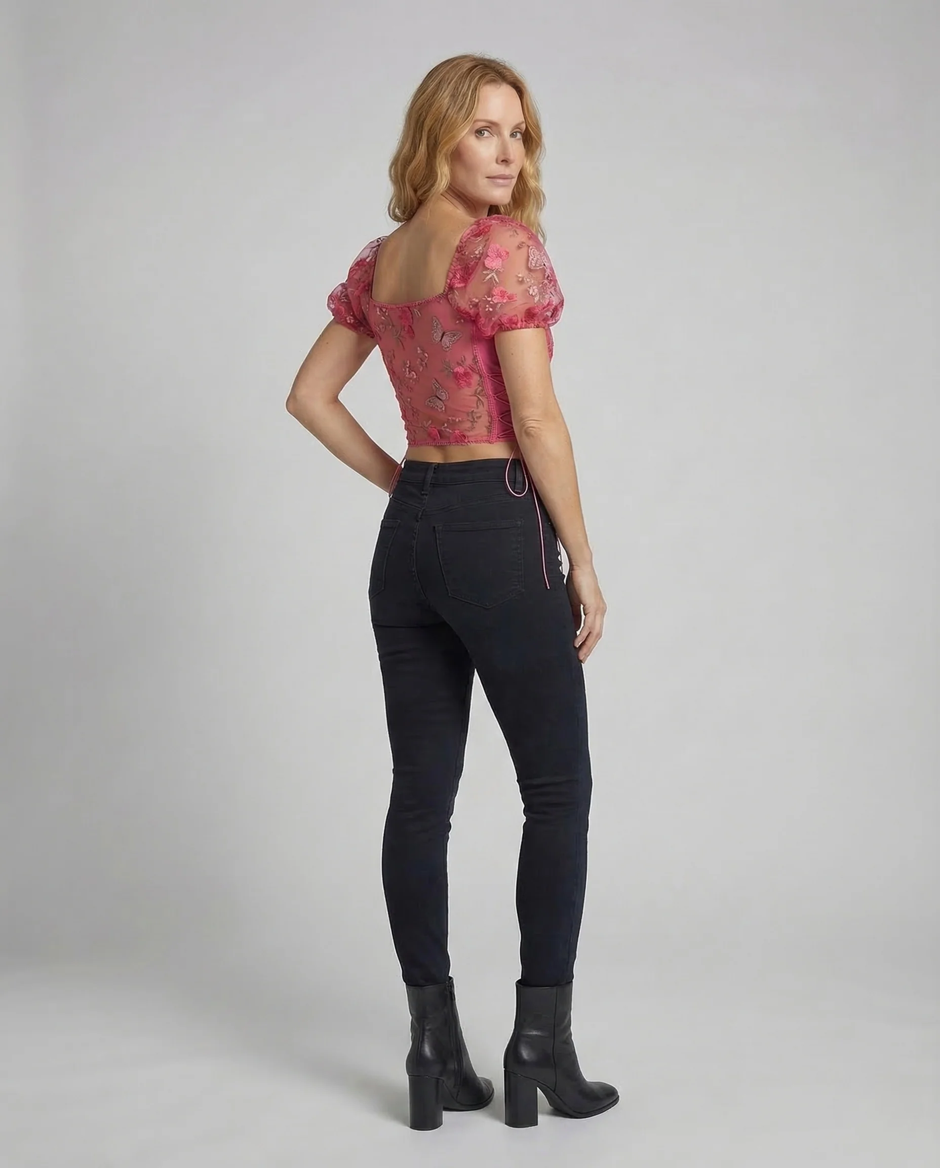 Damen Corsagen Crop Top Mesh Puffärmel - Image 4