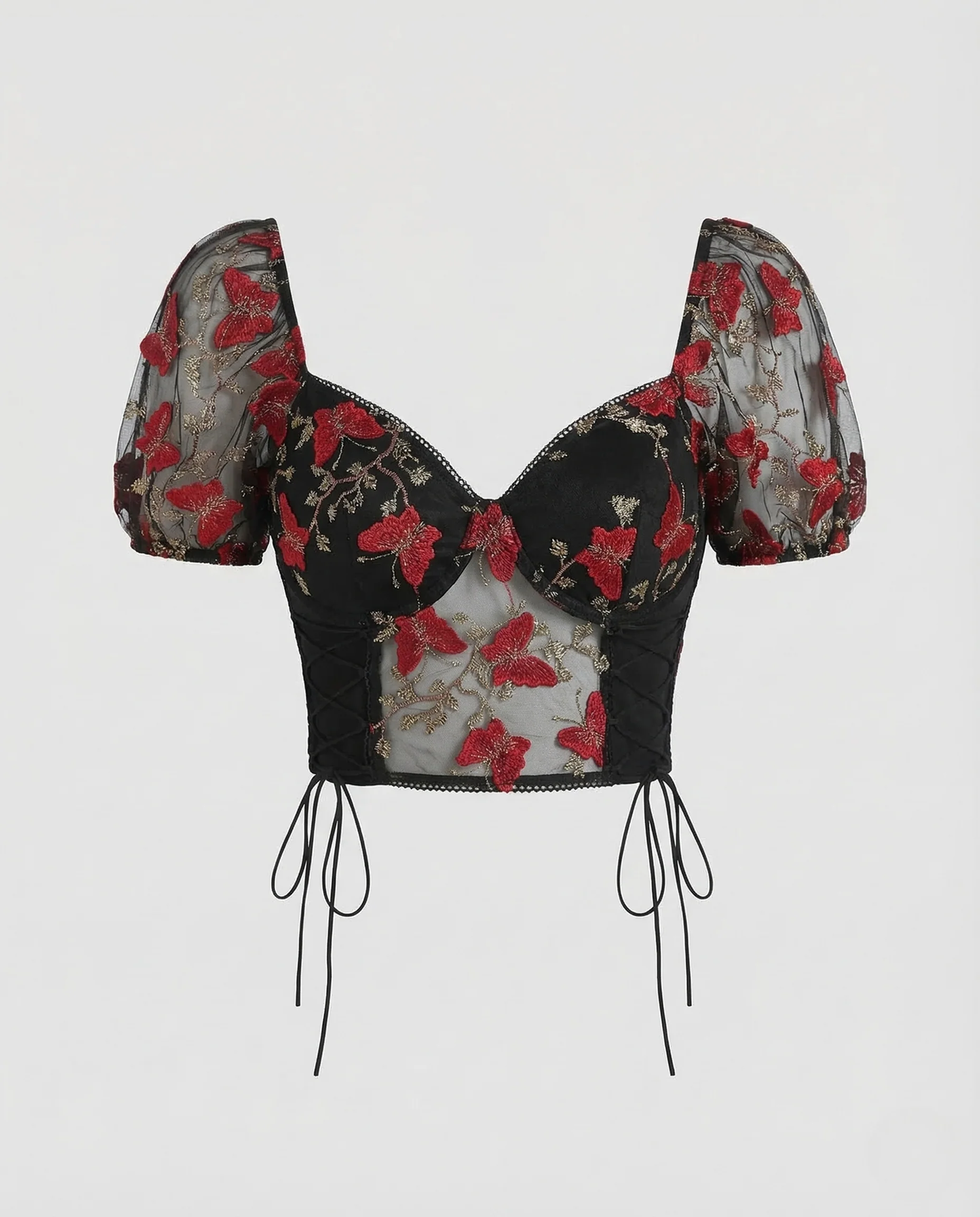 Damen Corsagen Crop Top Mesh Puffärmel - Image 5