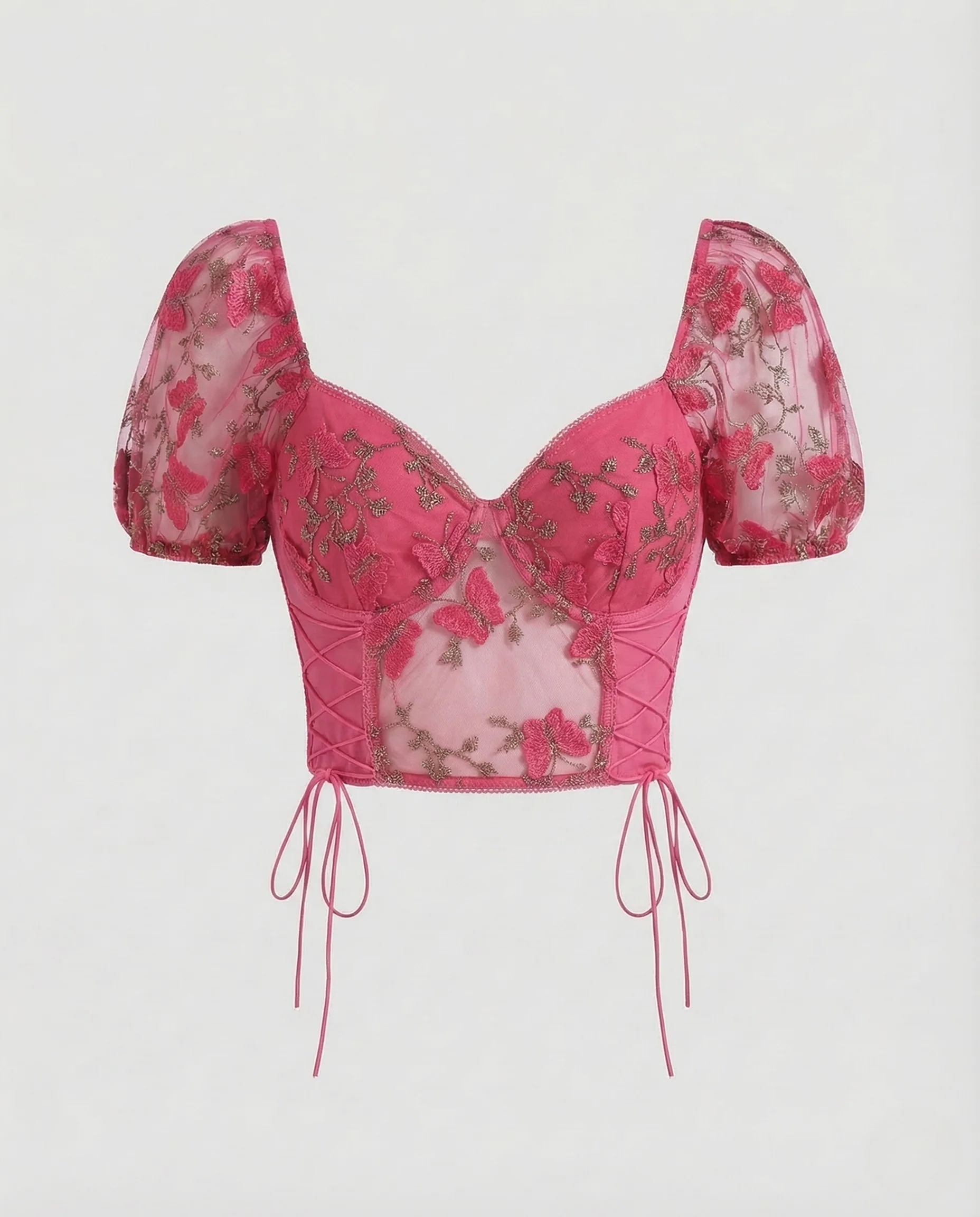 Damen Corsagen Crop Top Mesh Puffärmel - Image 6