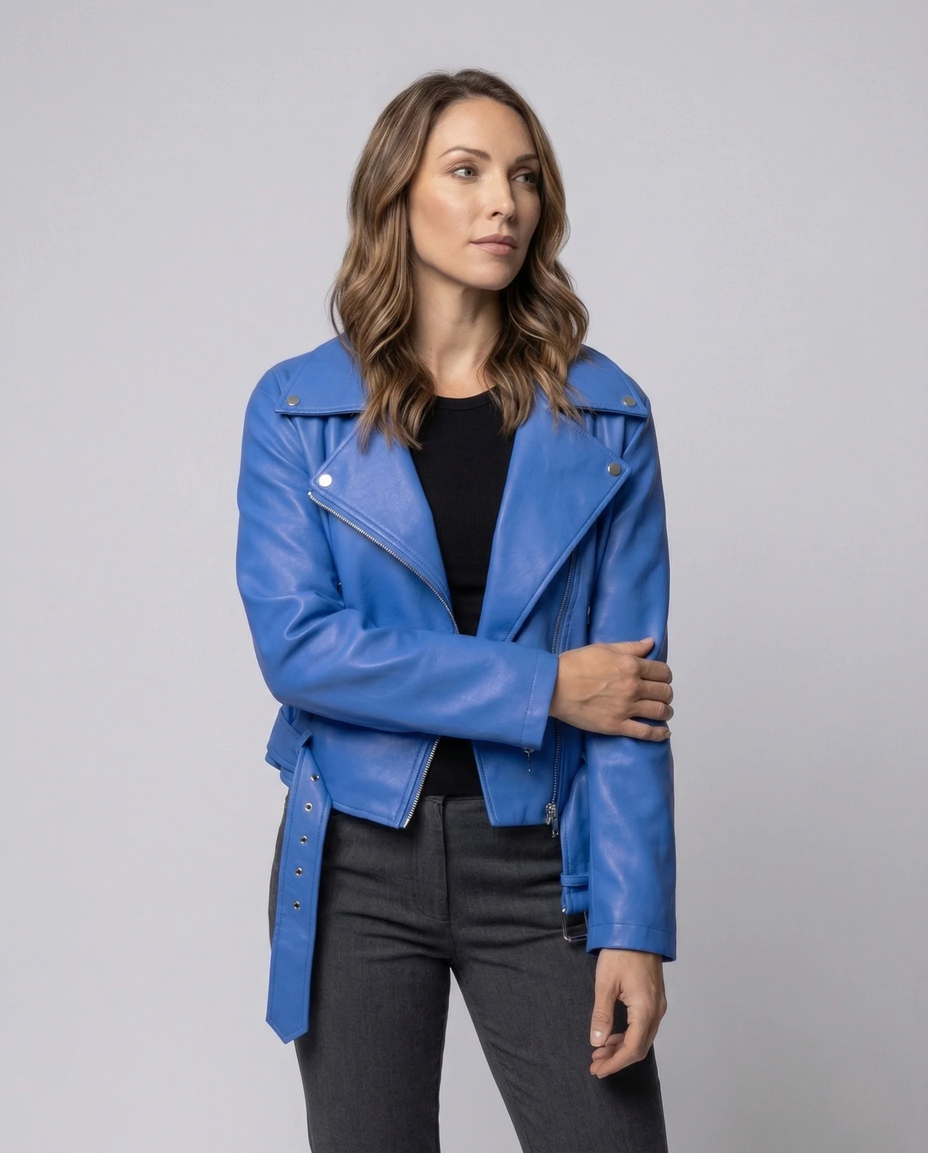 Damen Cropped Bikerjacke Vegan Leder
