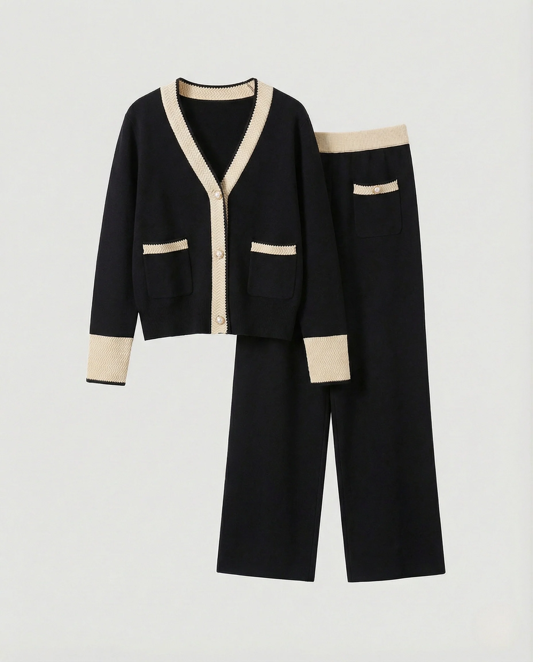Edles Strick-Zweiteiler mit kurzem Knopfcardigan und hochtaillierter Weitbein-Hose Heidi Mode - Image 5