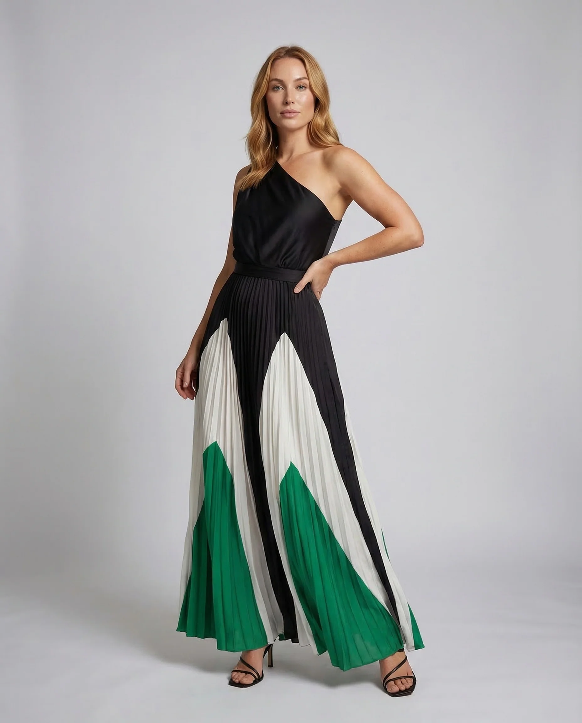 Damen One Shoulder Maxikleid Plisseerock
