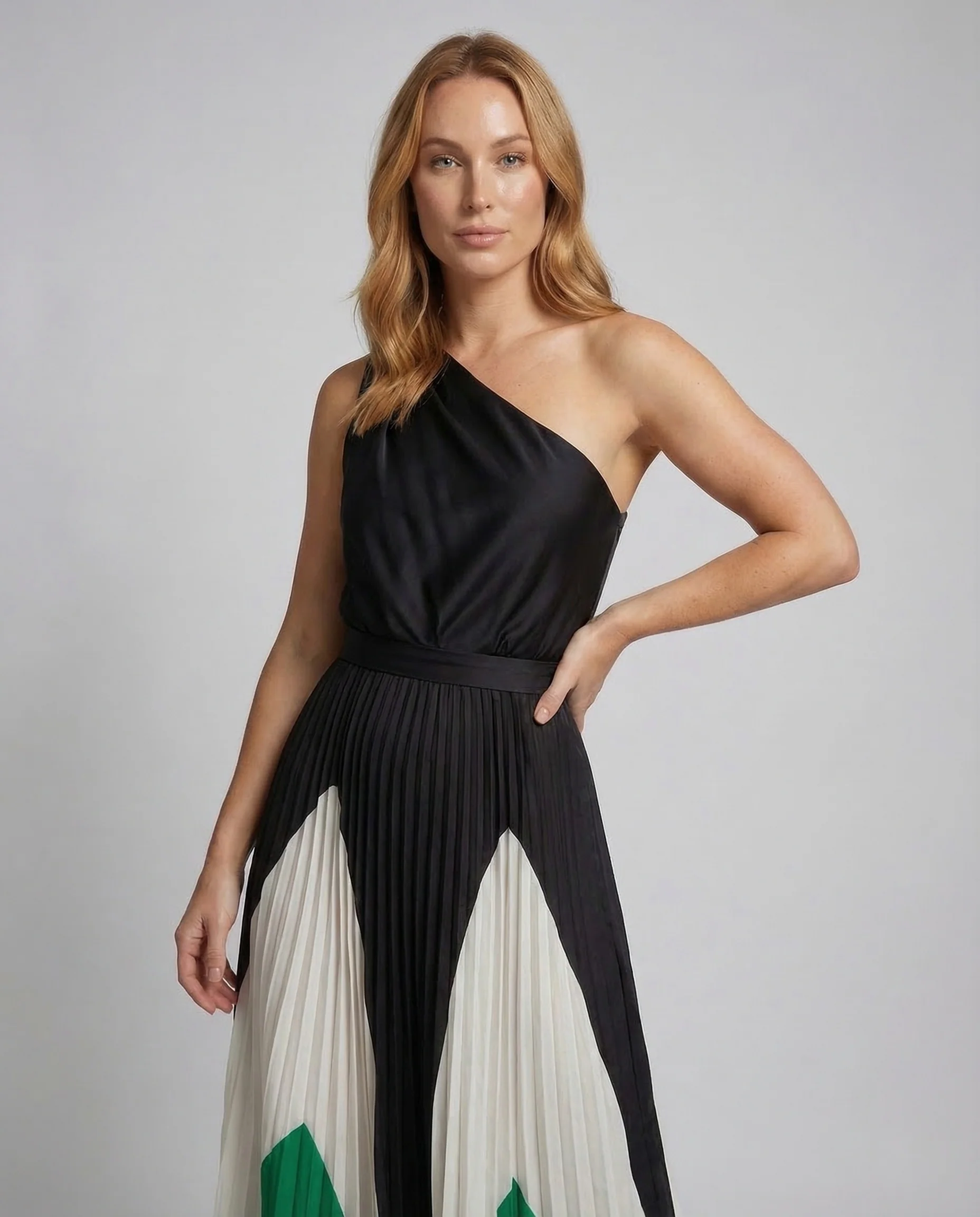 Damen One Shoulder Maxikleid Plisseerock - Image 2