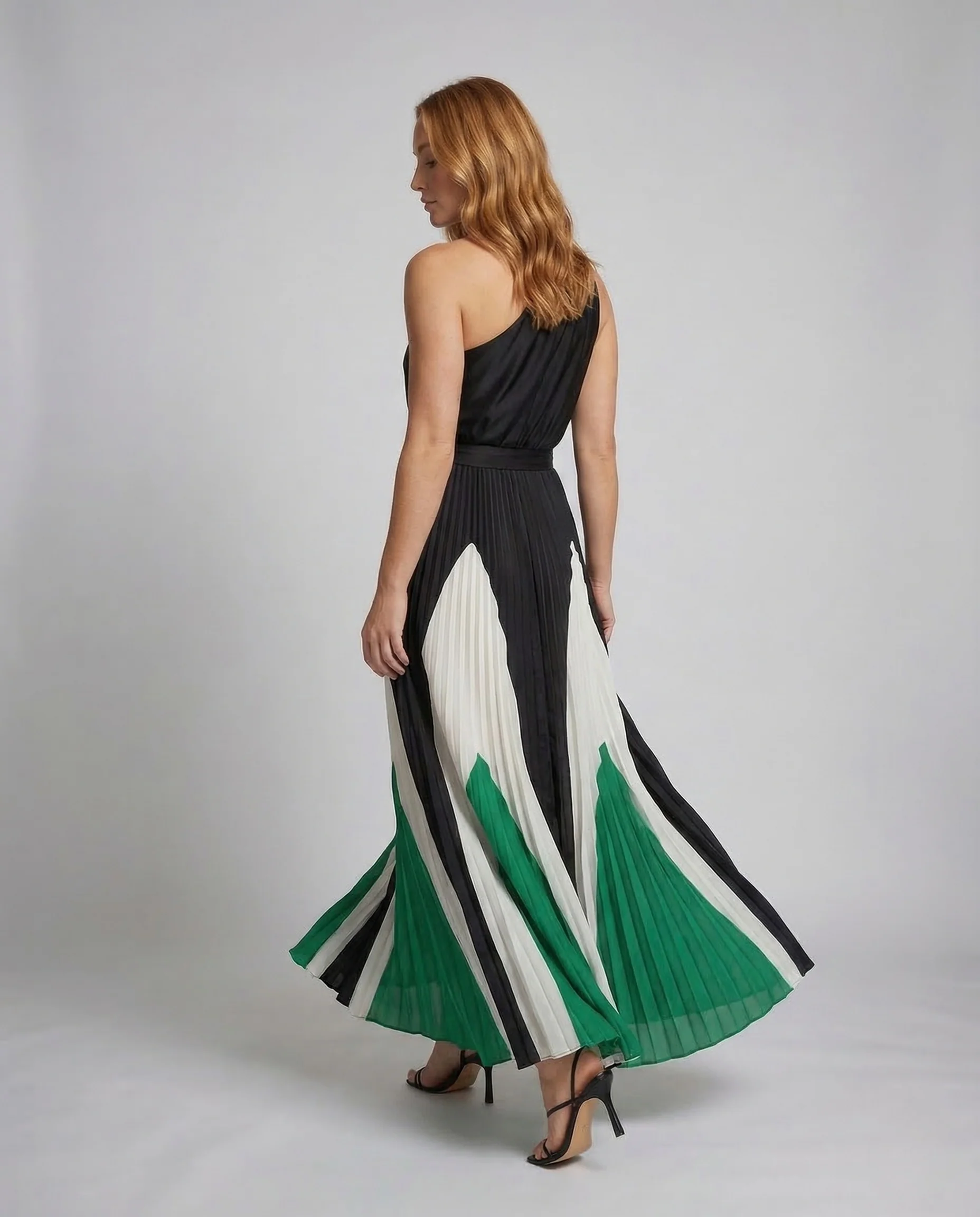 Damen One Shoulder Maxikleid Plisseerock - Image 4