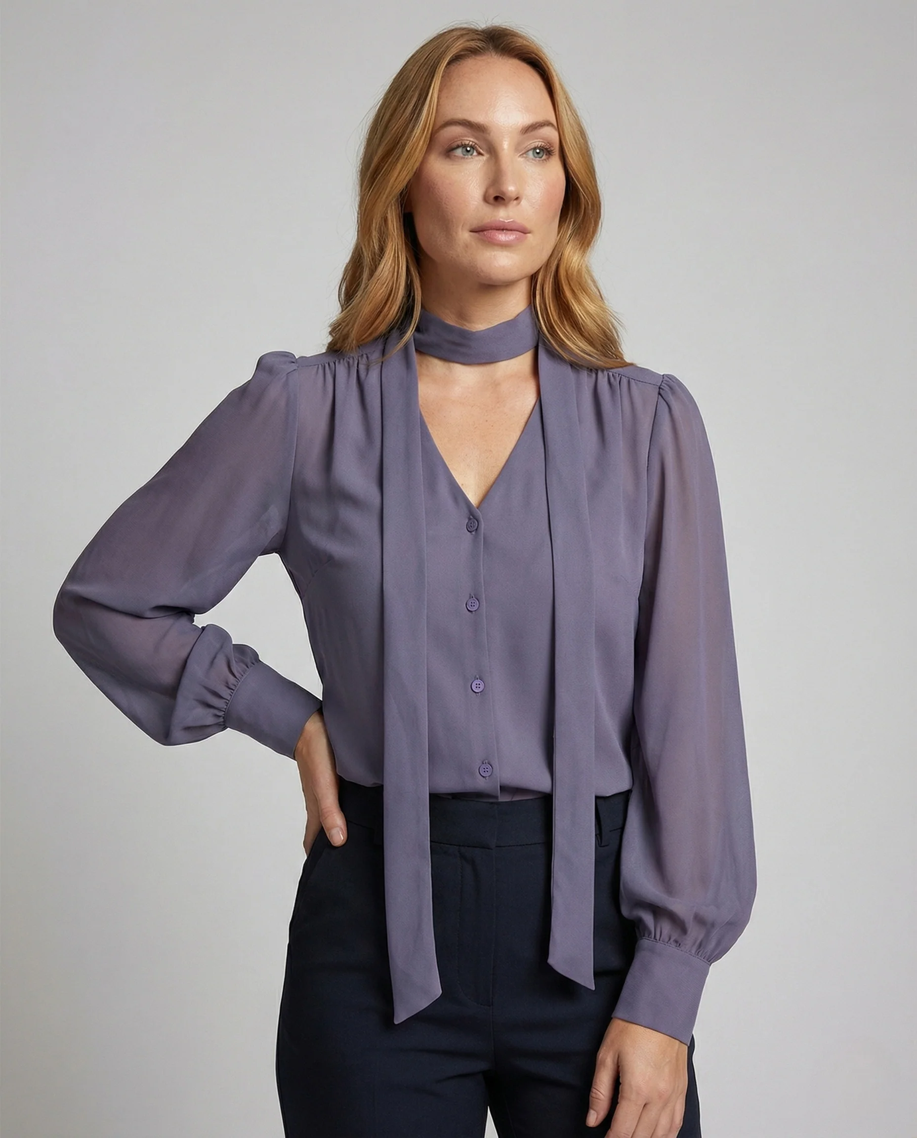 Damen Elegante Chiffonbluse mit Schluppe und Ballonärmeln