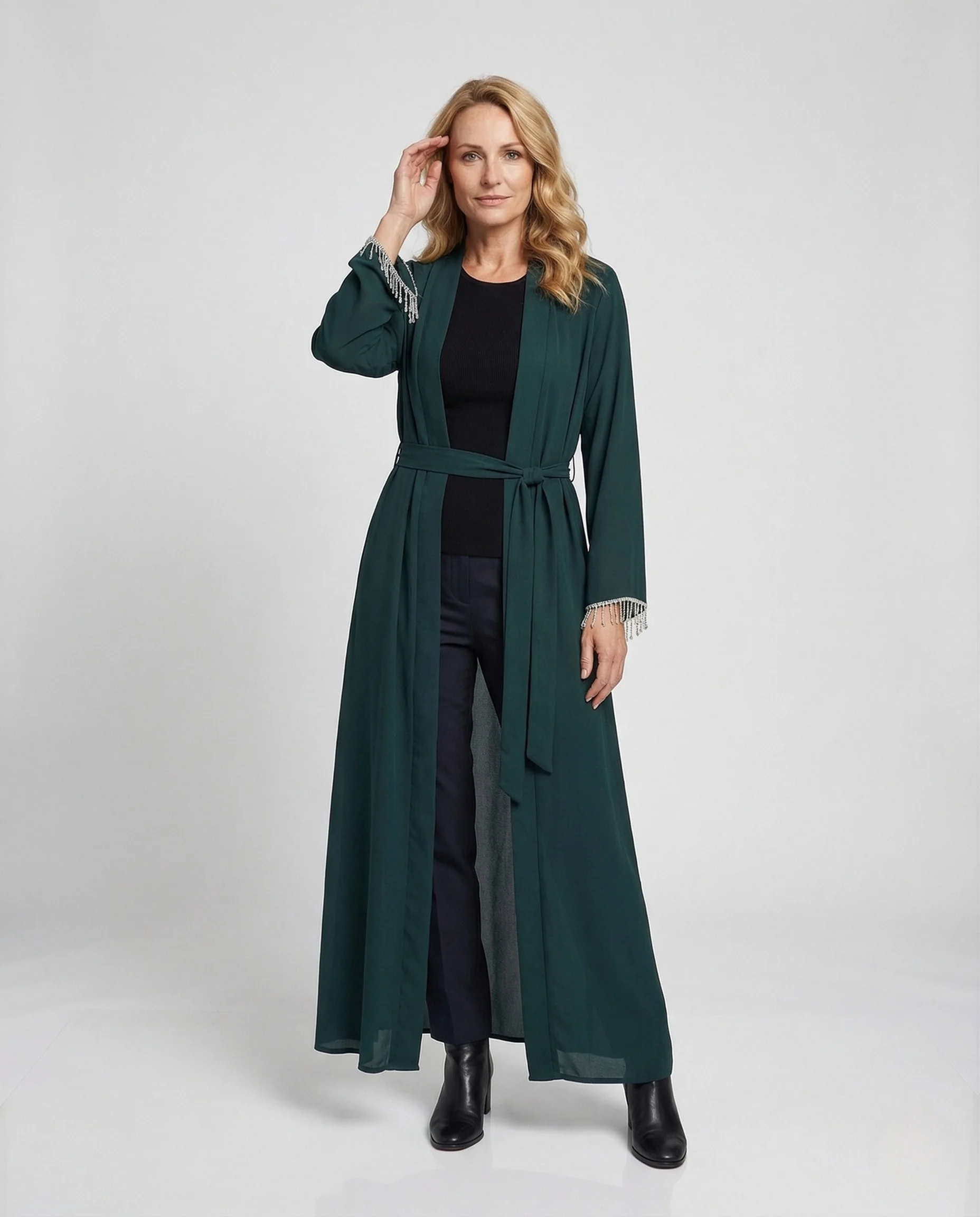 Damen Maxi Abaya mit Perlenfransen & Bindegürtel Elegantes Kleid