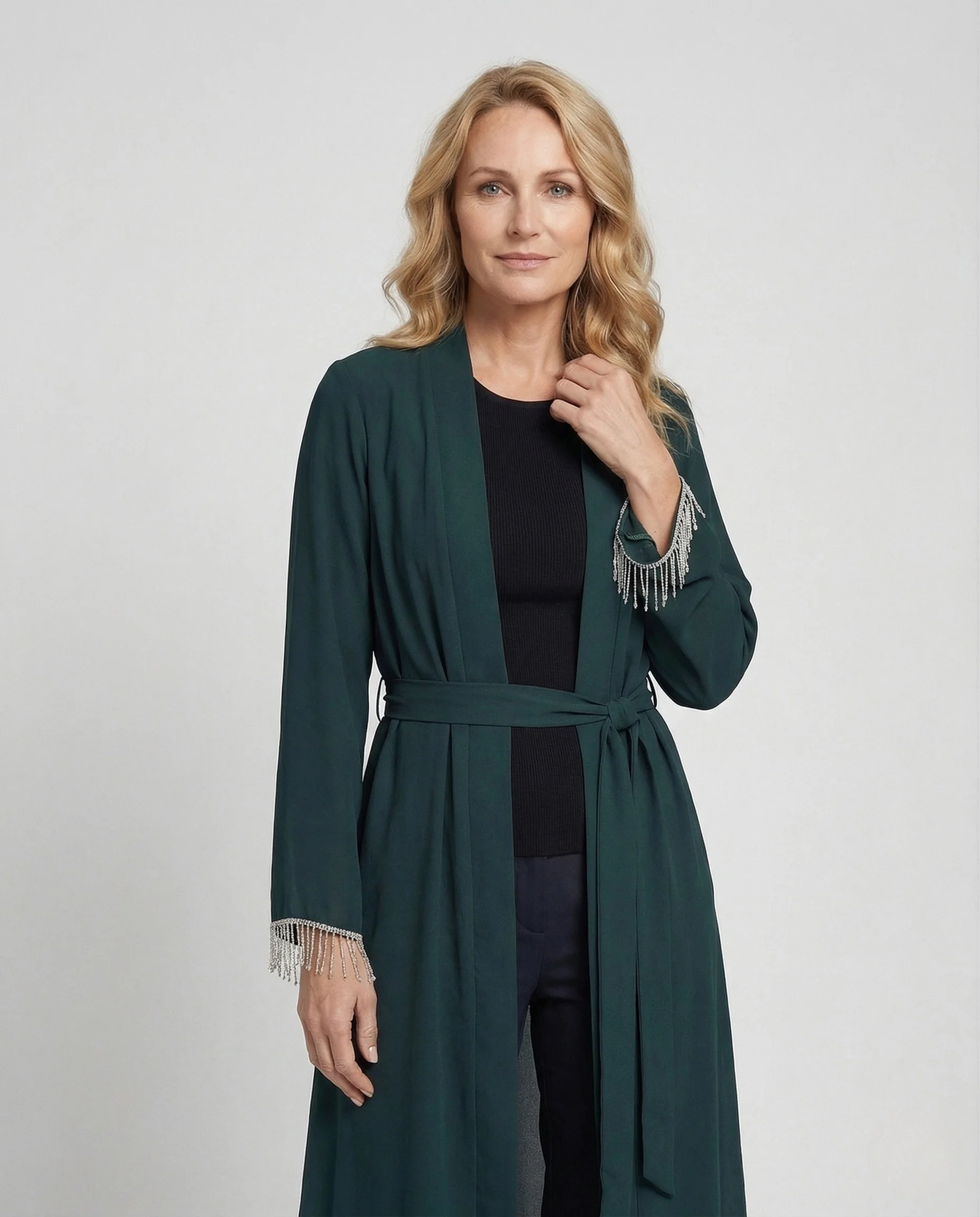 Damen Maxi Abaya mit Perlenfransen & Bindegürtel Elegantes Kleid - Image 2