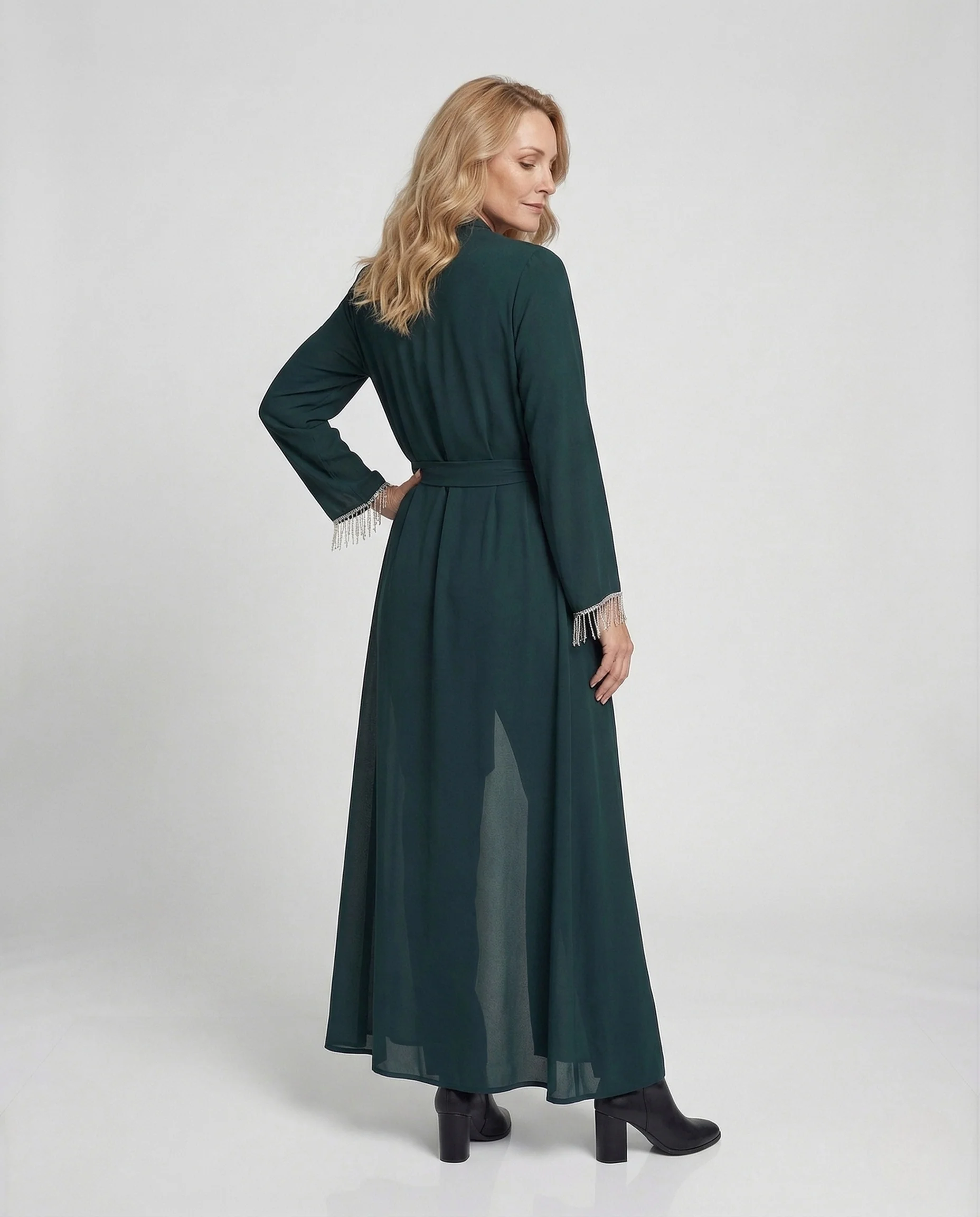 Damen Maxi Abaya mit Perlenfransen & Bindegürtel Elegantes Kleid - Image 4
