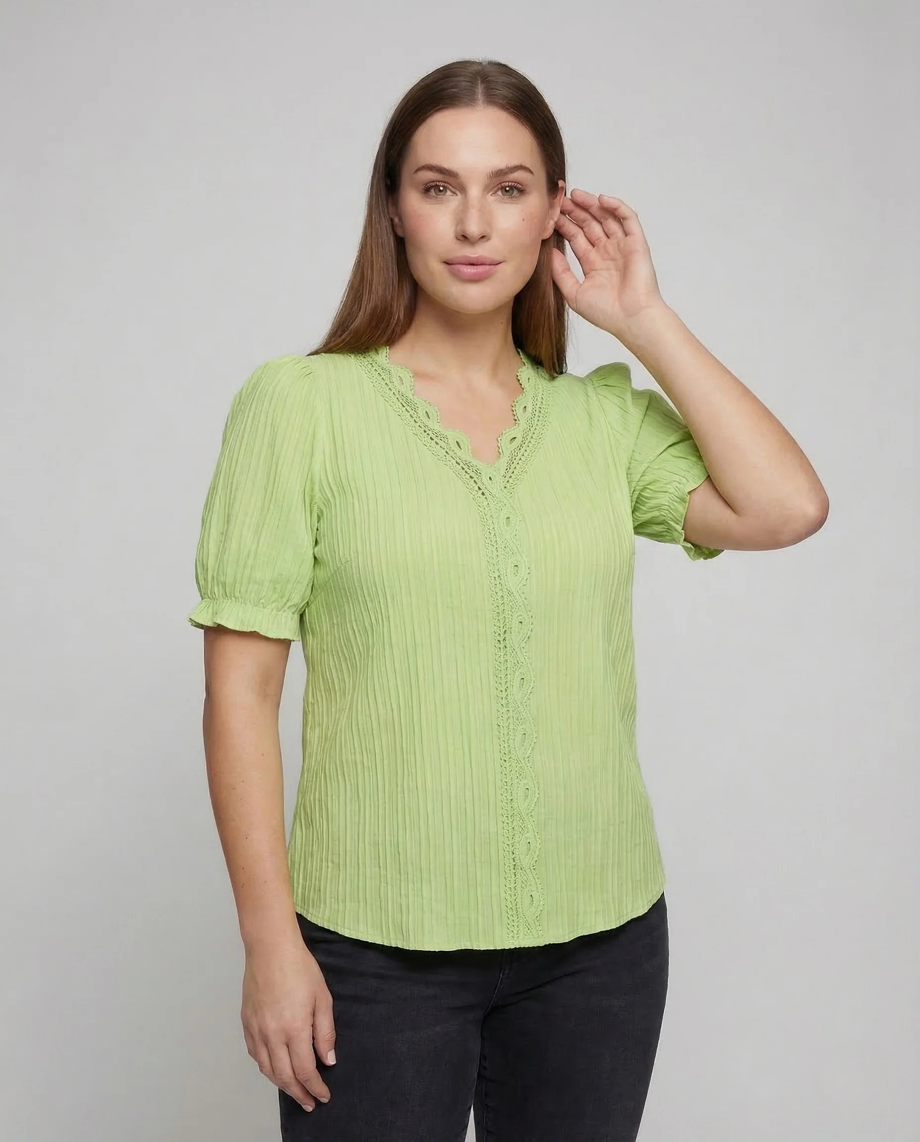 Damen Plissee Bluse Spitze Kurzarm - Image 2