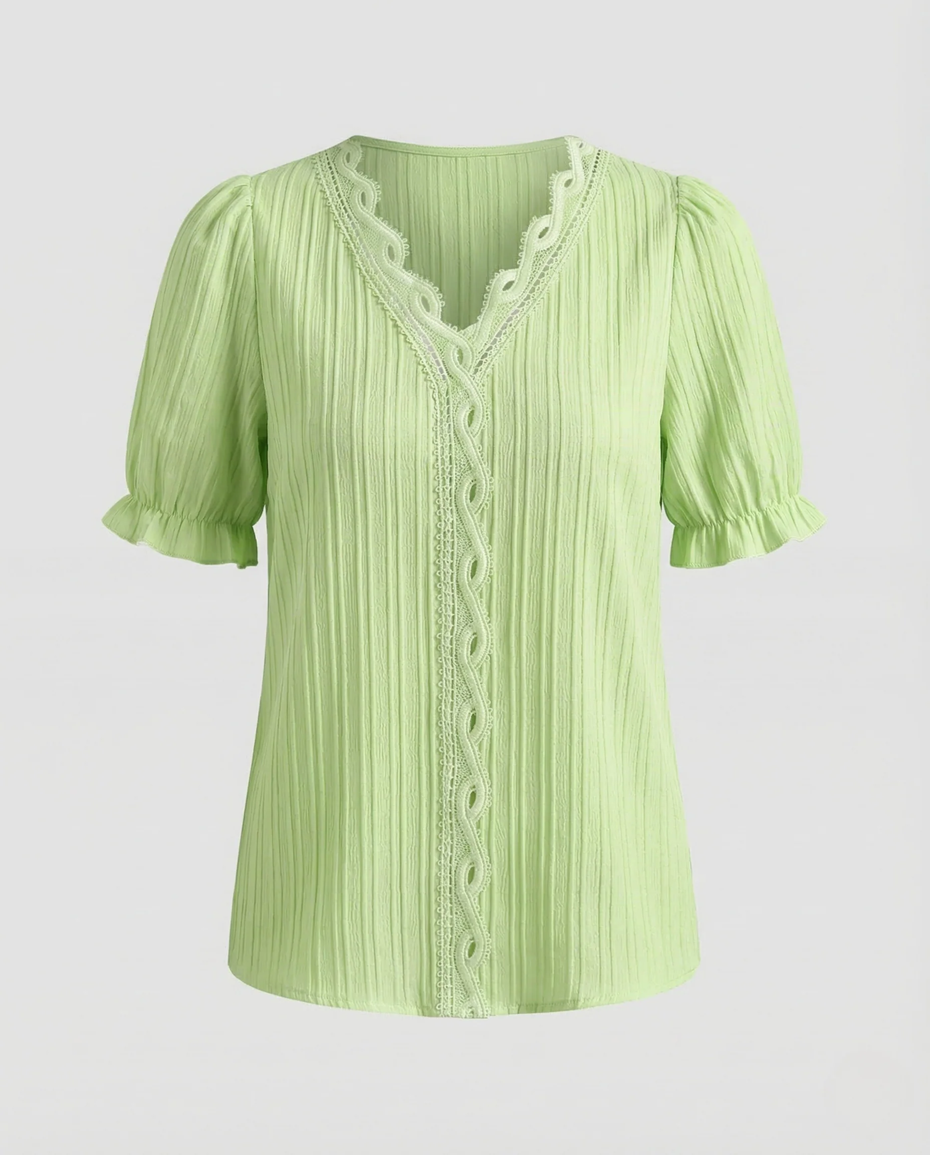 Damen Plissee Bluse Spitze Kurzarm - Image 5