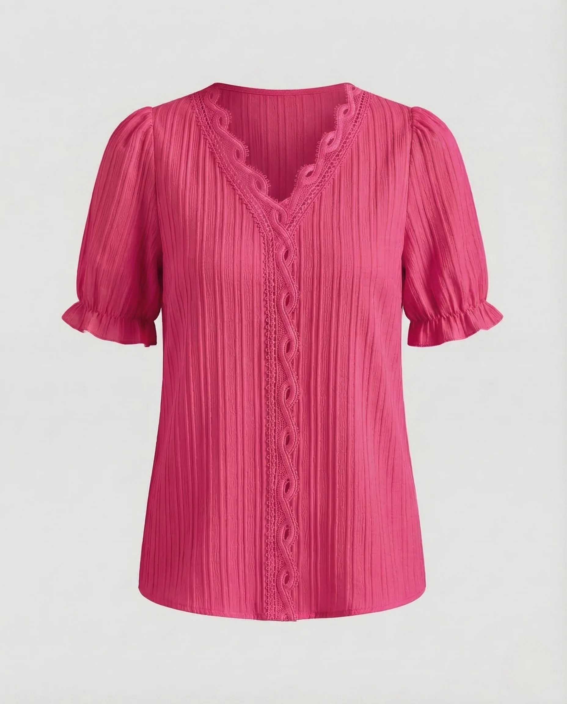 Damen Plissee Bluse Spitze Kurzarm - Image 6