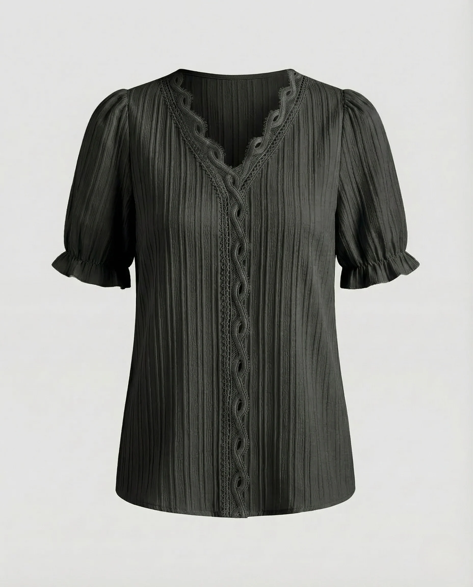 Damen Plissee Bluse Spitze Kurzarm - Image 7