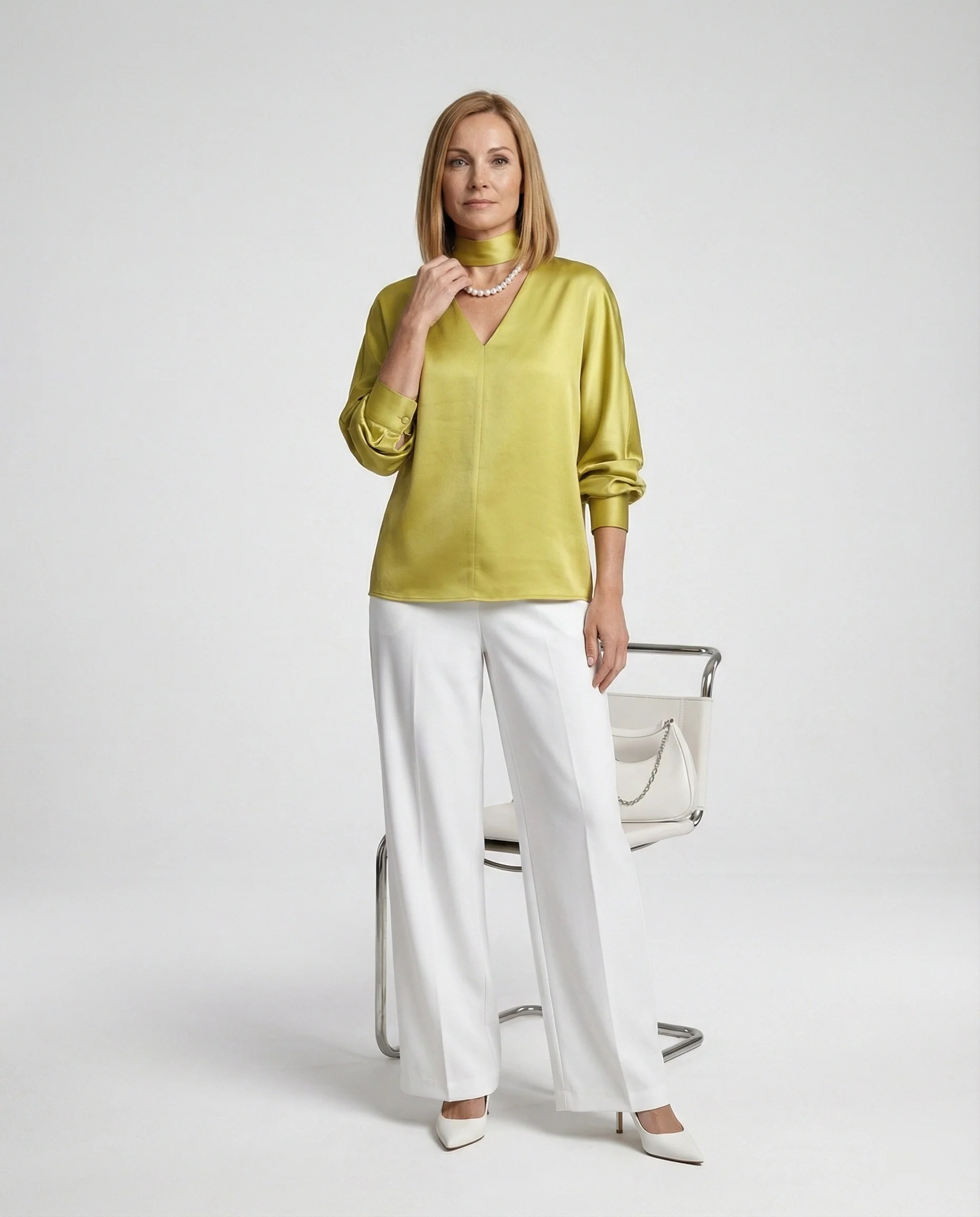 Damen Satinbluse elegant mit Stehkragen - Image 7