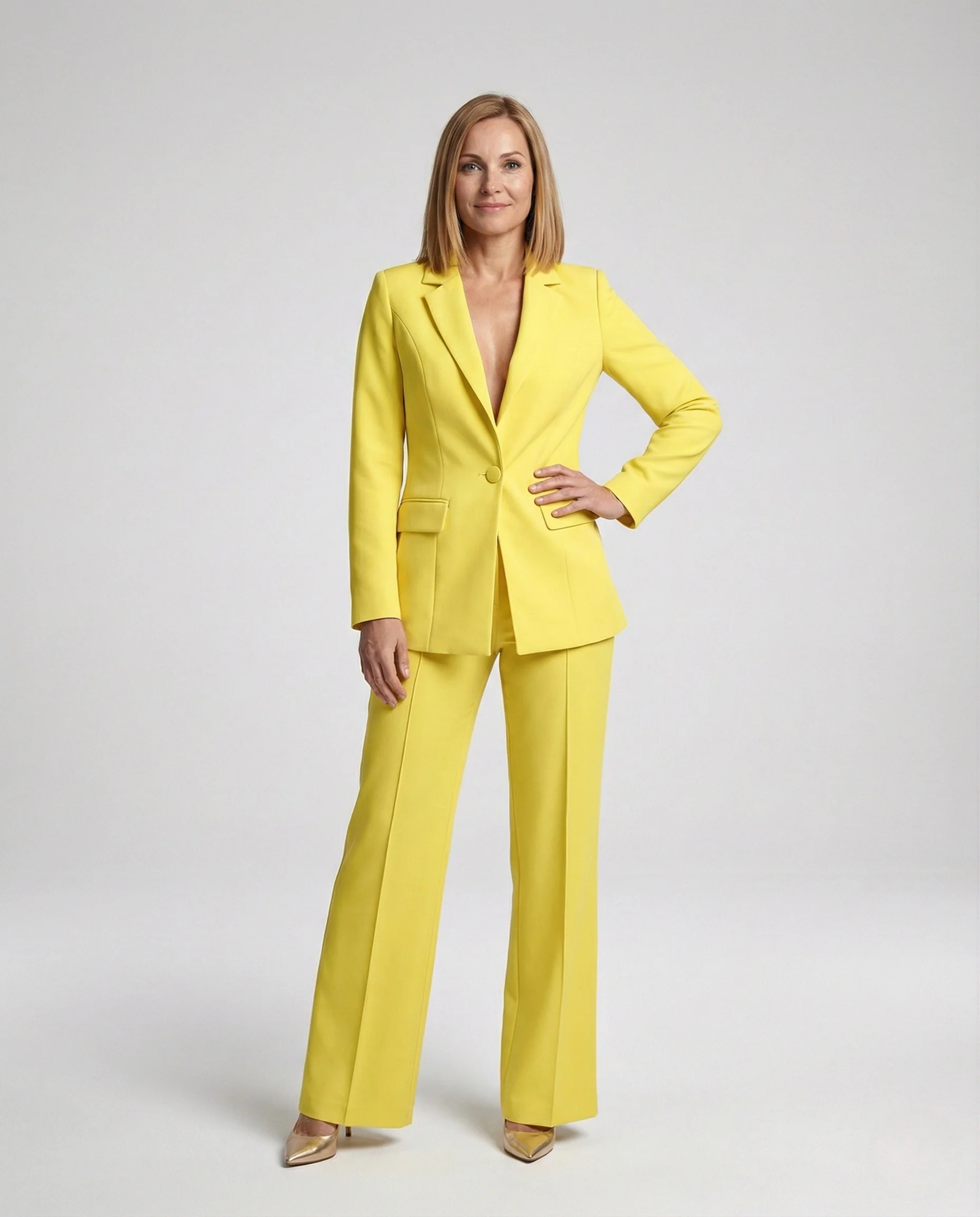 Damen Business-Zweiteiler mit Ein-Knopf-Blazer und Bundfaltenhose