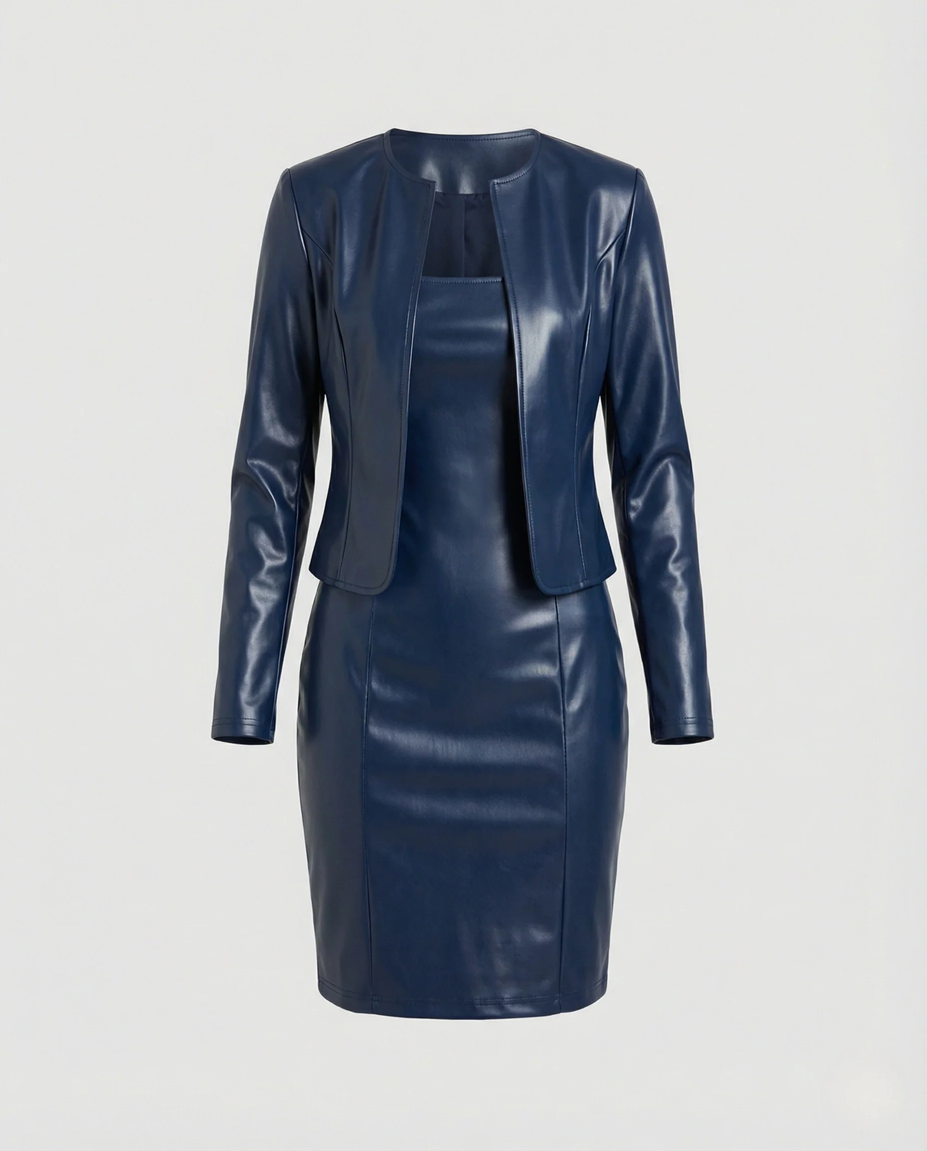 Damen Zweiteiler Set Blazer Kleid Lederoptik - Image 4