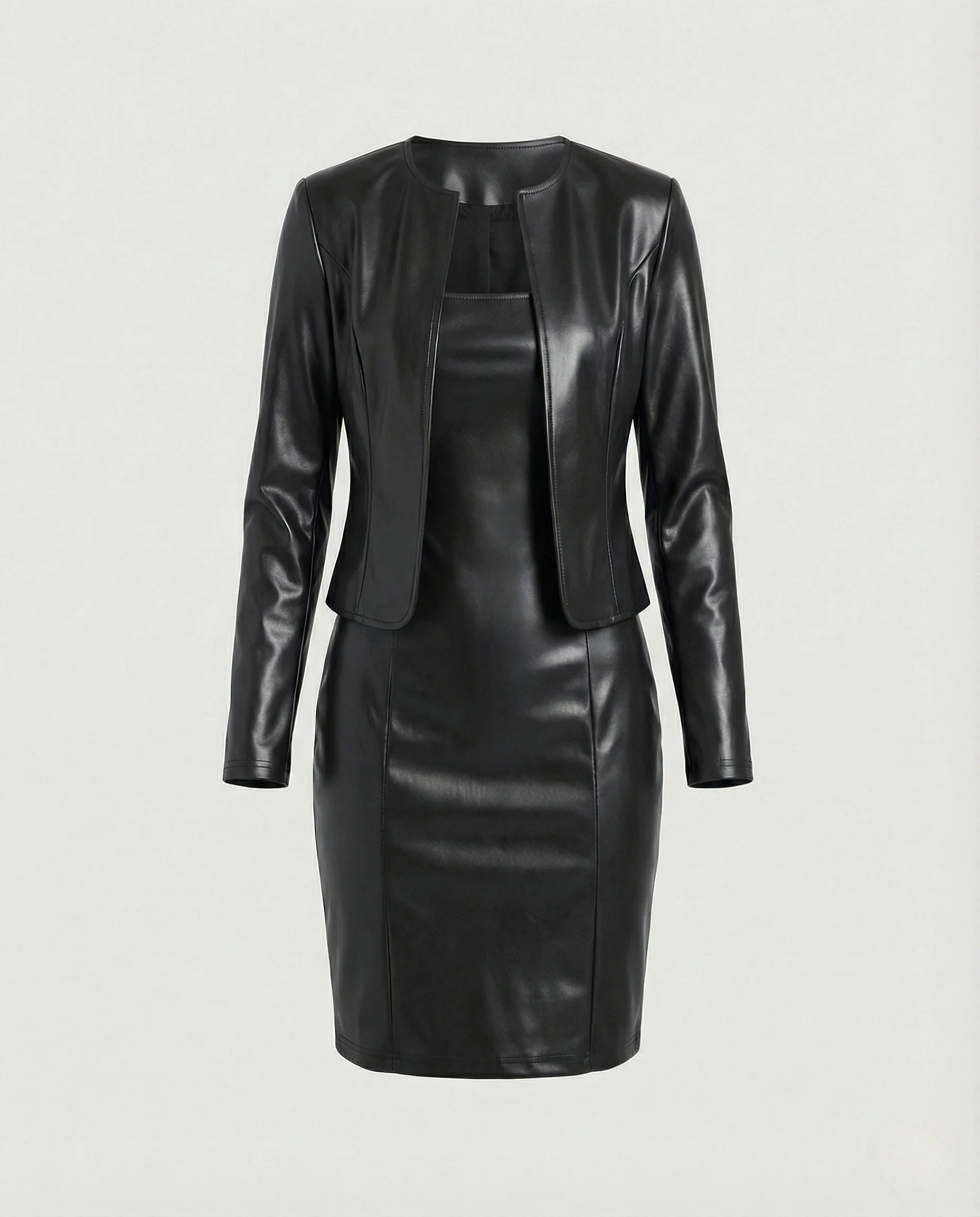 Damen Zweiteiler Set Blazer Kleid Lederoptik - Image 5