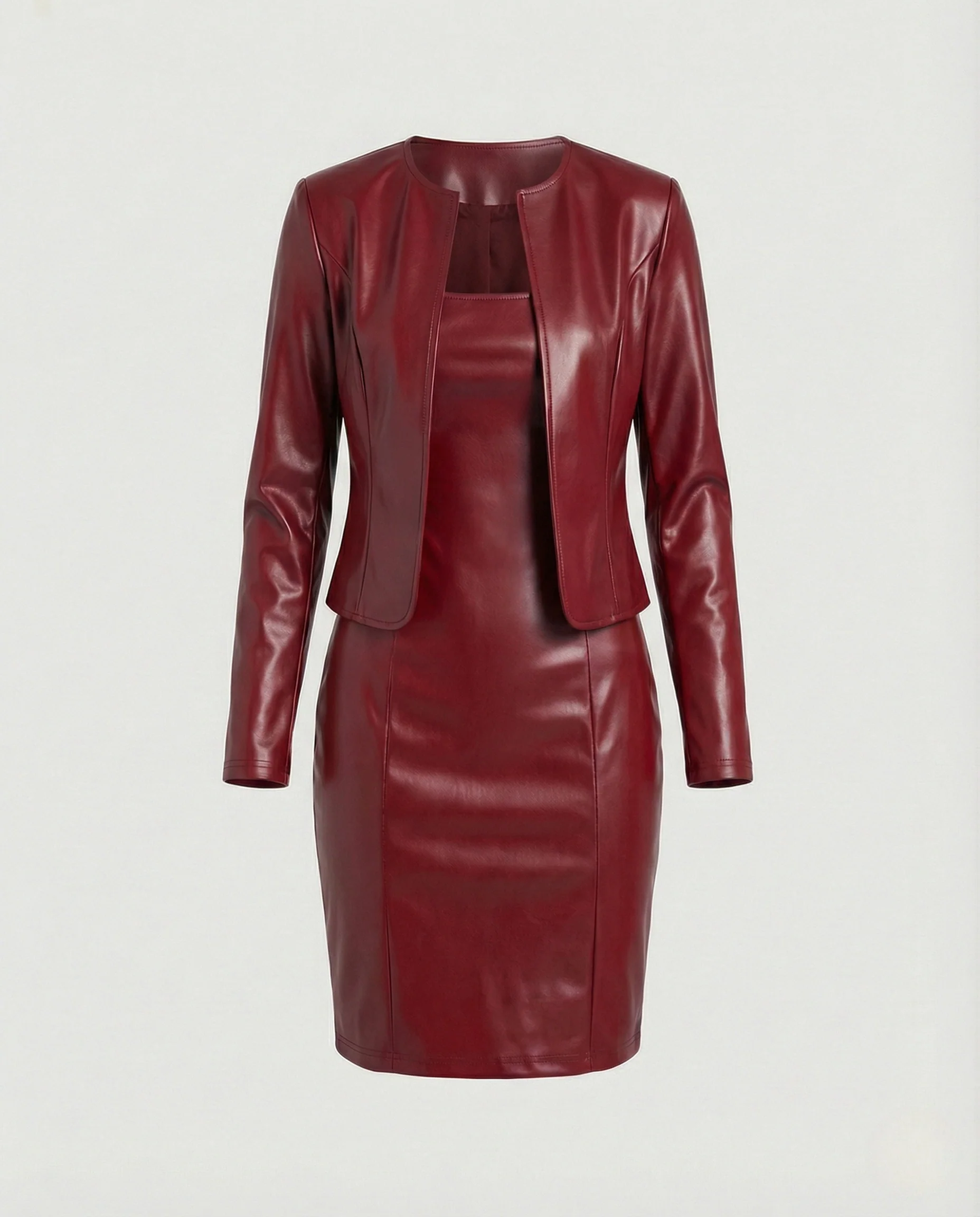 Damen Zweiteiler Set Blazer Kleid Lederoptik - Image 6