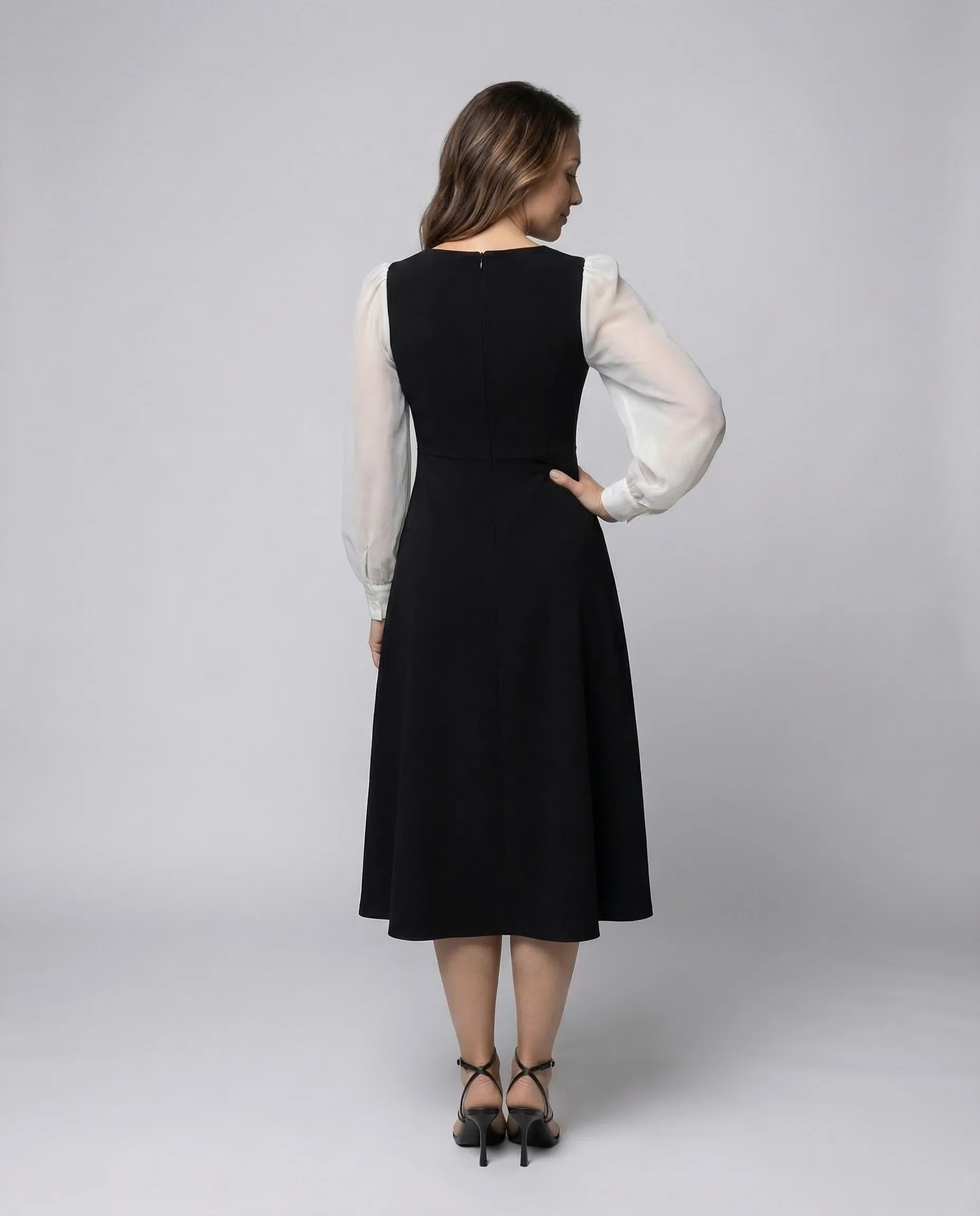 Damen A Linie Midikleid Puffärmel - Image 4