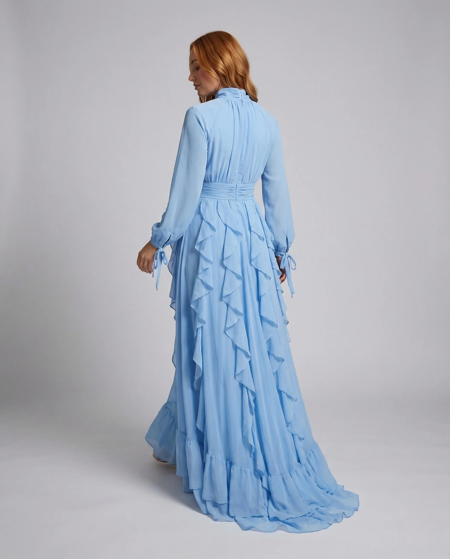 Damen Abendkleid Stehkragen Puffärmel Gürtel - Image 4