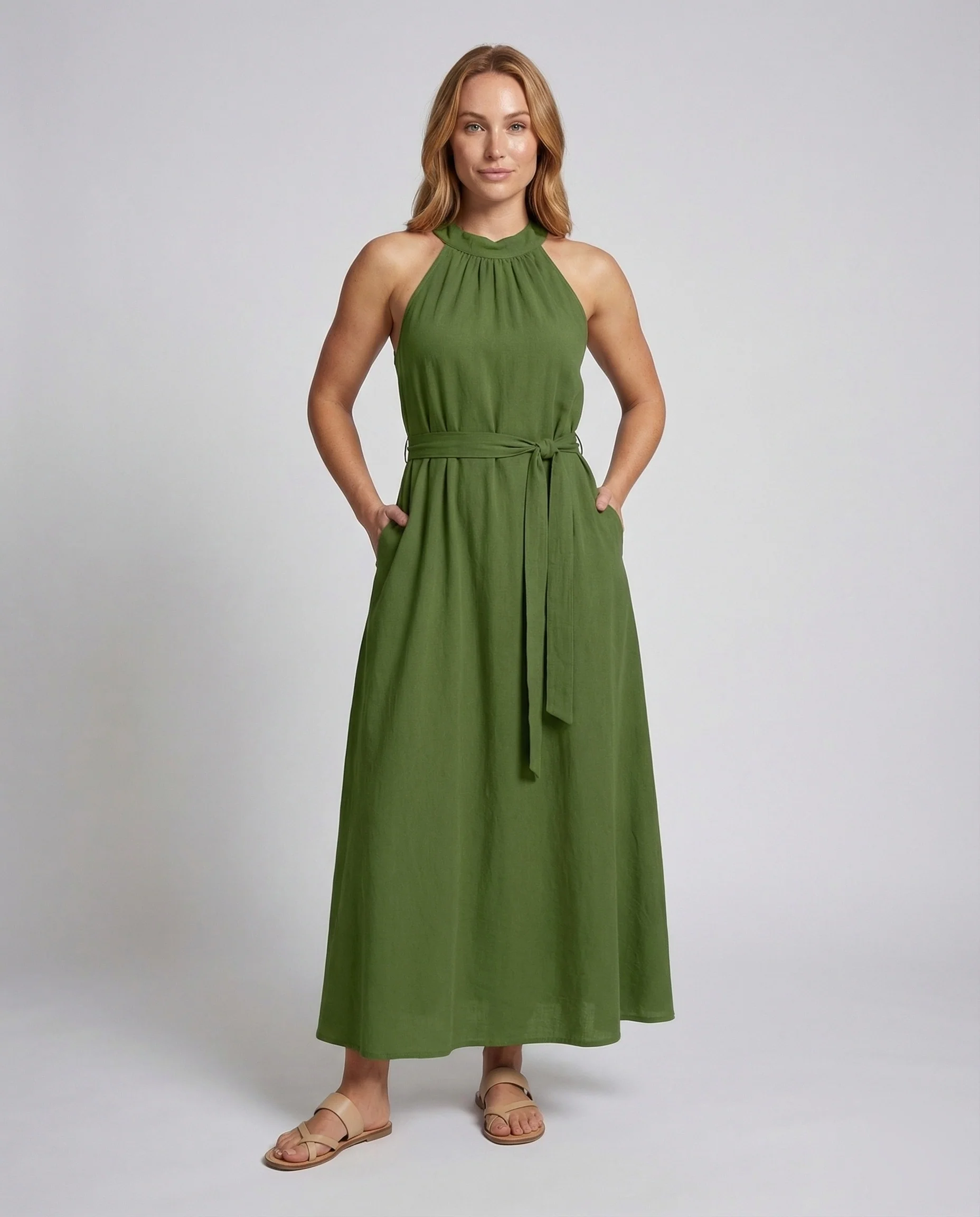 Damen Maxikleid mit Stehkragen und Bindegürtel