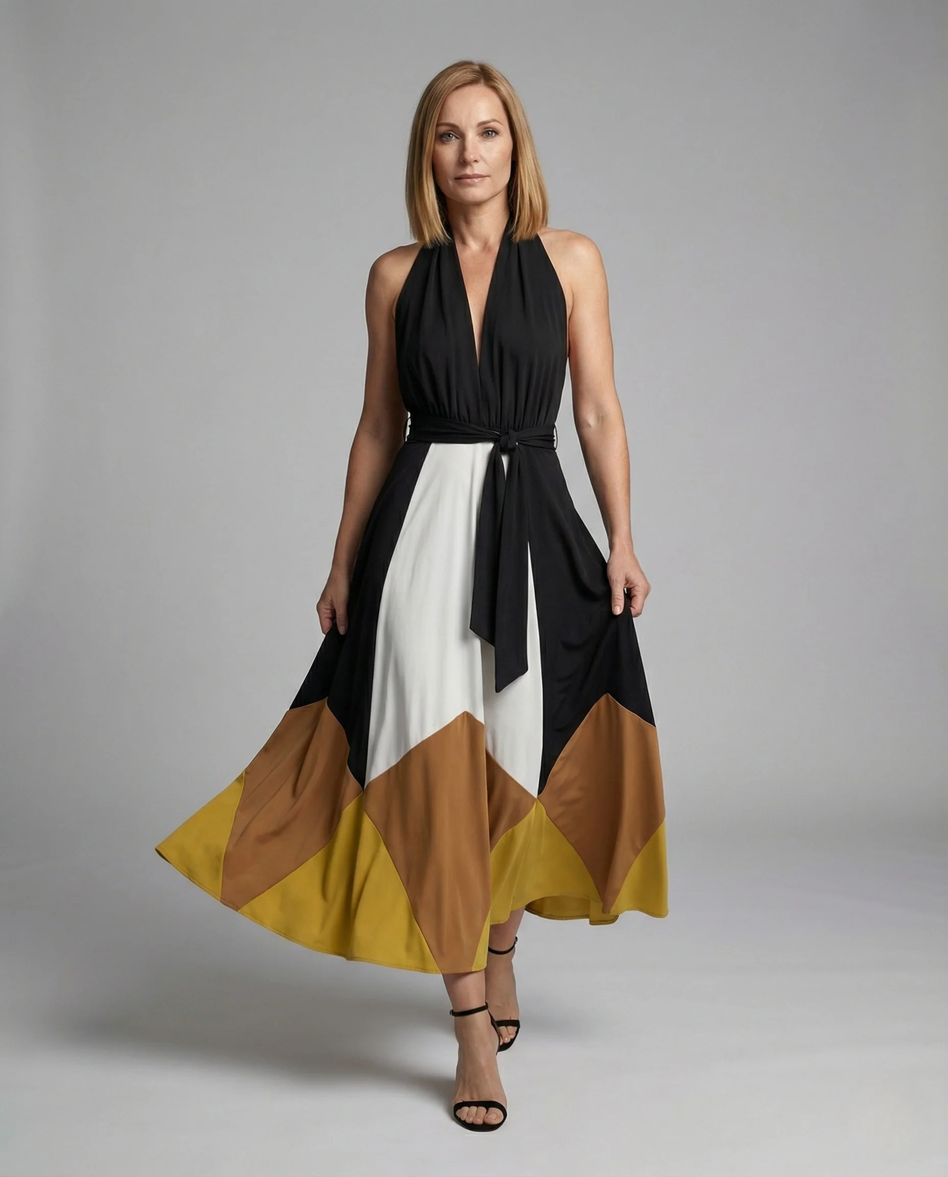 Damen Abendkleid lang Halter V-Ausschnitt