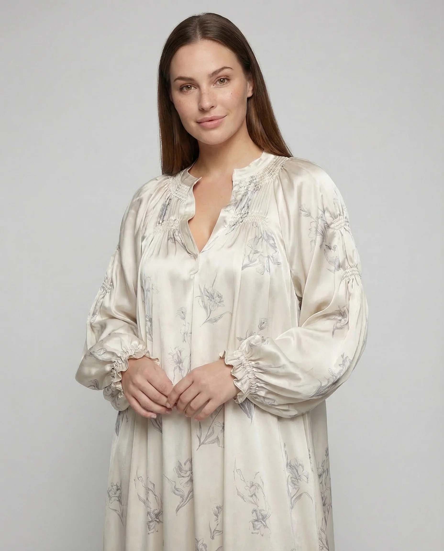 Damen Satin Maxikleid Ballonärmel Blumen - Image 2