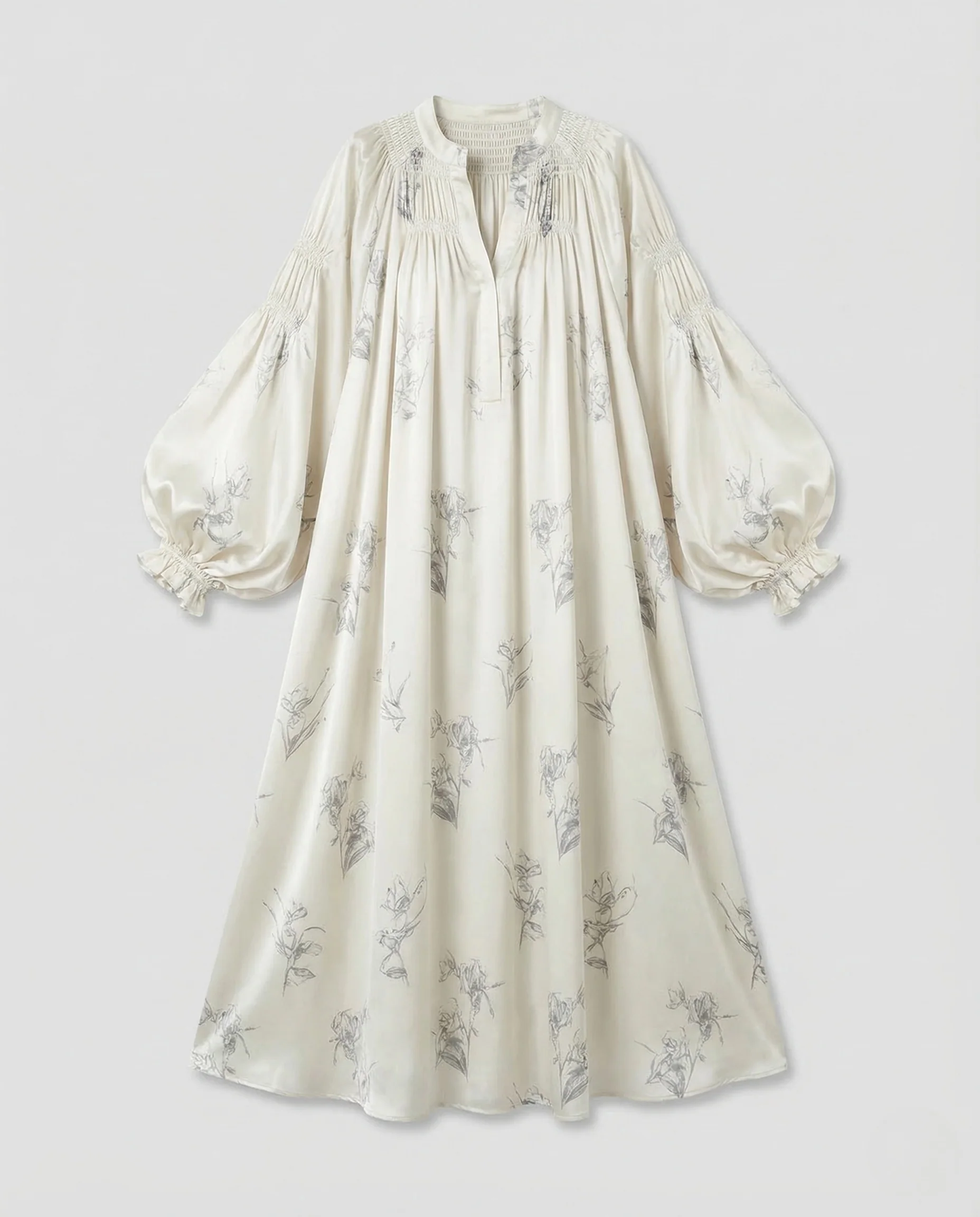Damen Satin Maxikleid Ballonärmel Blumen - Image 5
