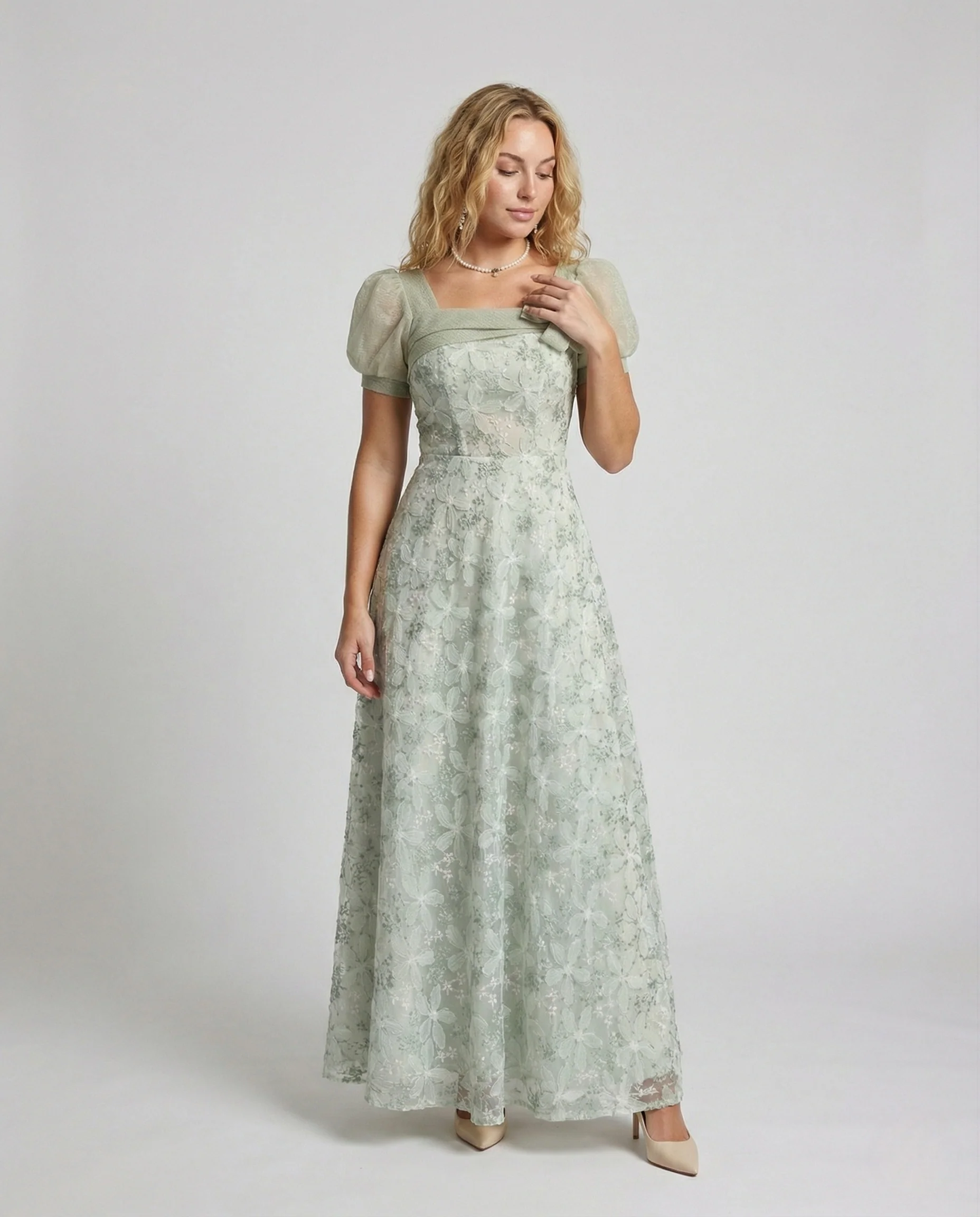 Damen Spitzen Abendkleid mit Puffärmeln
