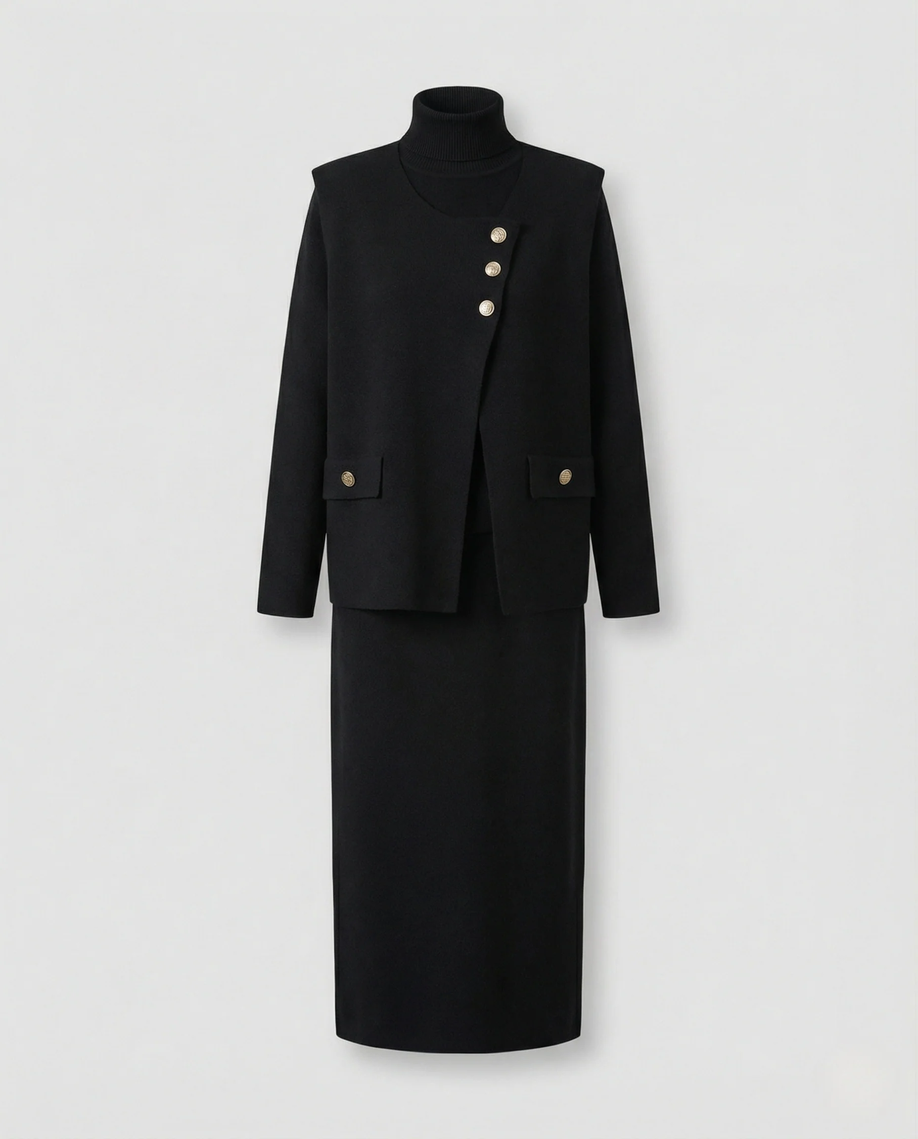 Elegantes Strick-Ensemble mit asymmetrischer Knopfleiste gepolsterten Schultern Pattentaschen und knöchellangem Bleistiftrock Heidi Mode - Image 4